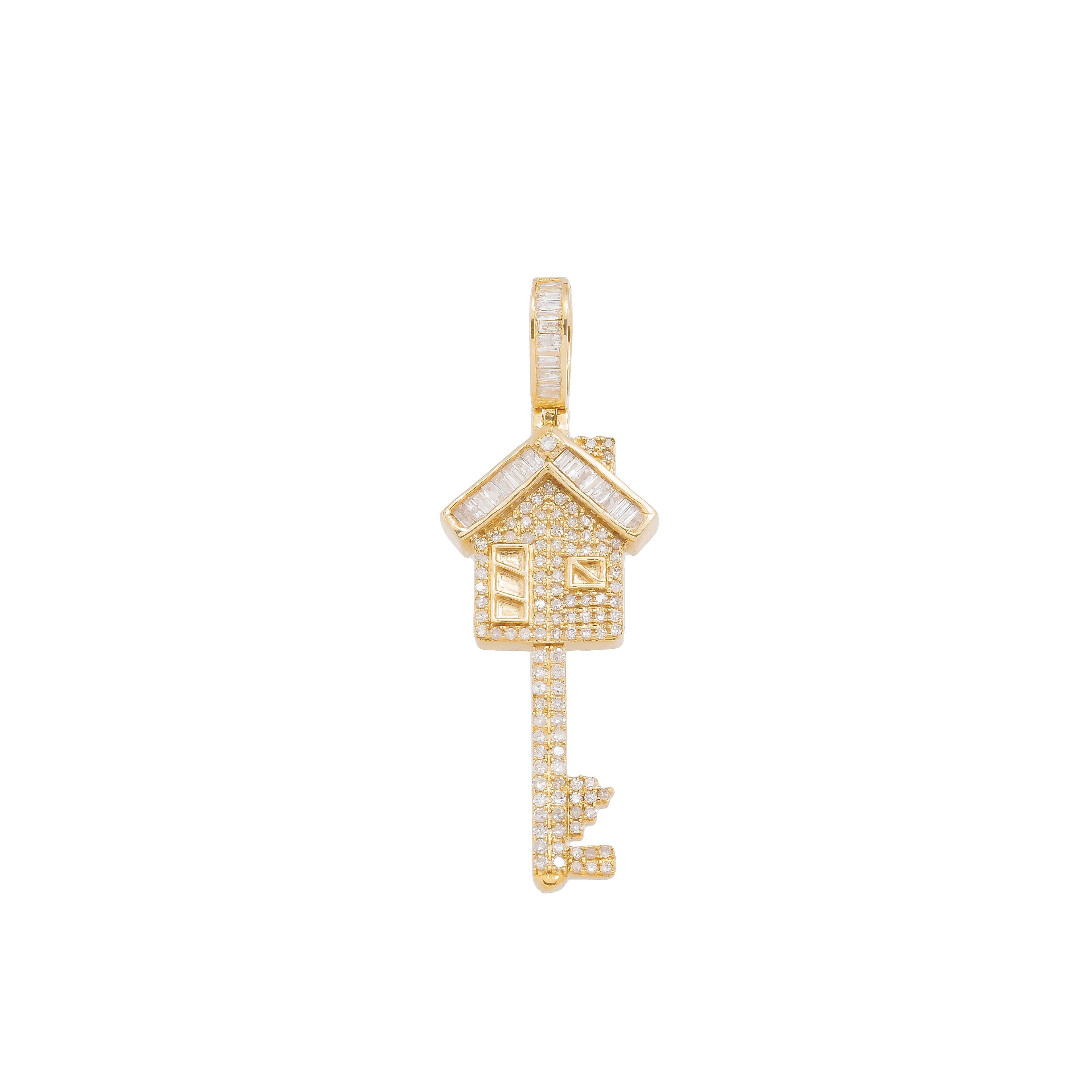 14K GOLD BAGUETTE DIAMOND HOUSE KEY PENDANT 0.69 CT
