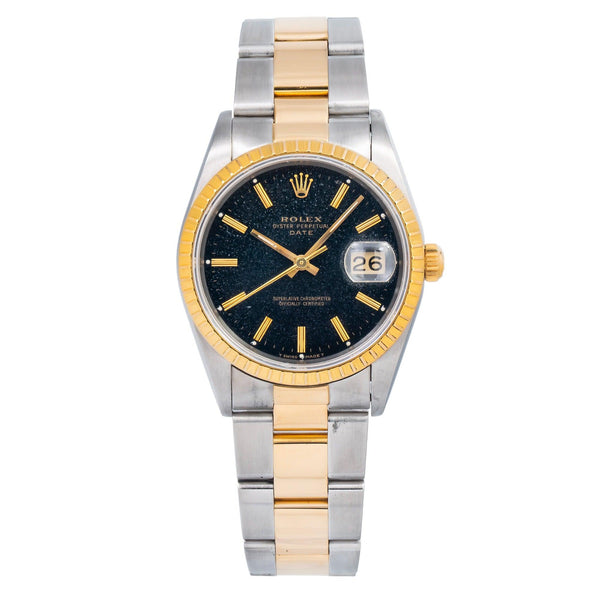 Rolex Date 34MM 15053 Black Dial Engine Turned Bezel Two Tone