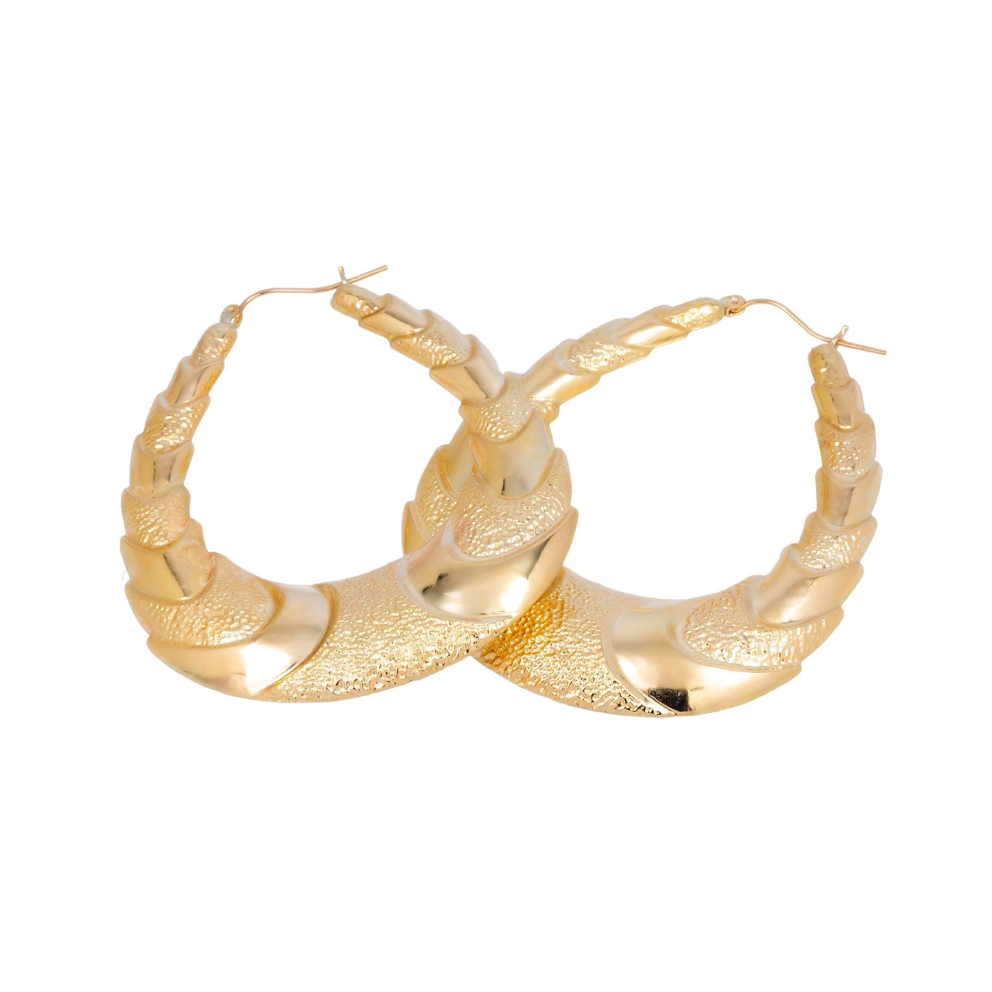 10K GOLD LADIES TEXTURED DROP SHAPED HOOP EARRINGS