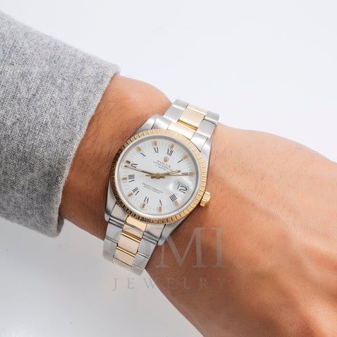 Rolex Date 15223 34MM White Roman Dial With Two Tone Oyster Bracelet