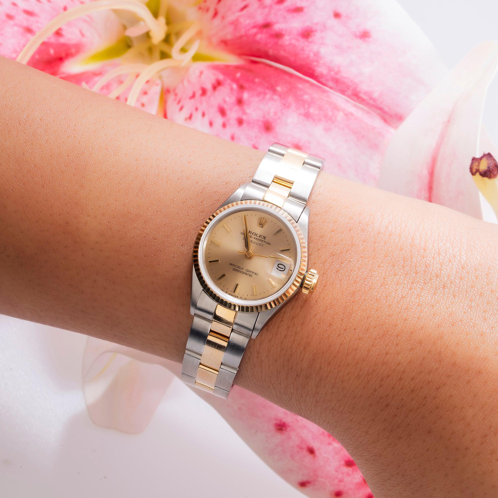 Rolex Datejust 26MM 69173 Champagne Dial Fluted Bezel Two Tone Yellow Gold Oyster Bracelet