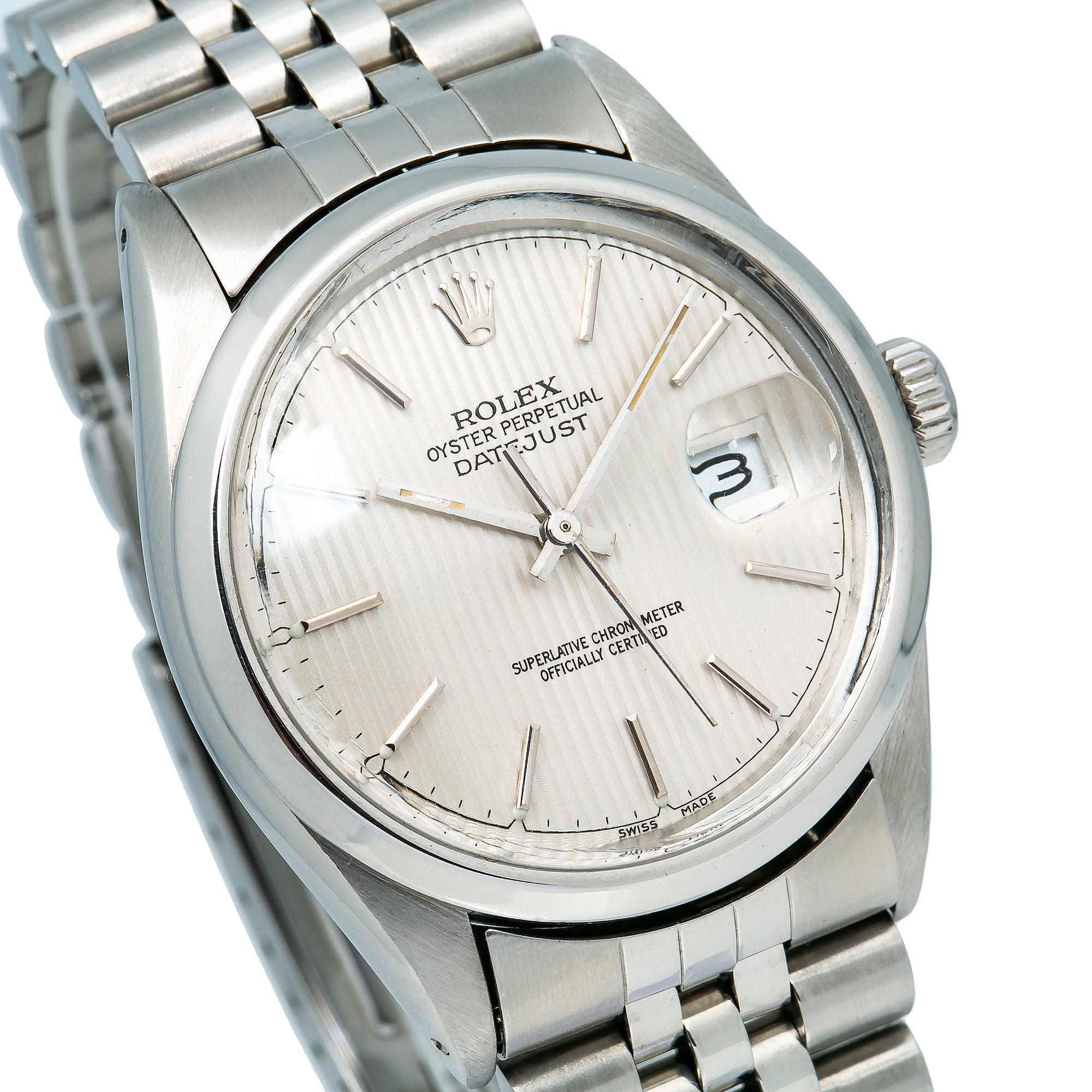 Rolex Datejust 36MM 16014 Silver Tapestry Dial Smooth Bezel Stainless Steel Jubilee Bracelet