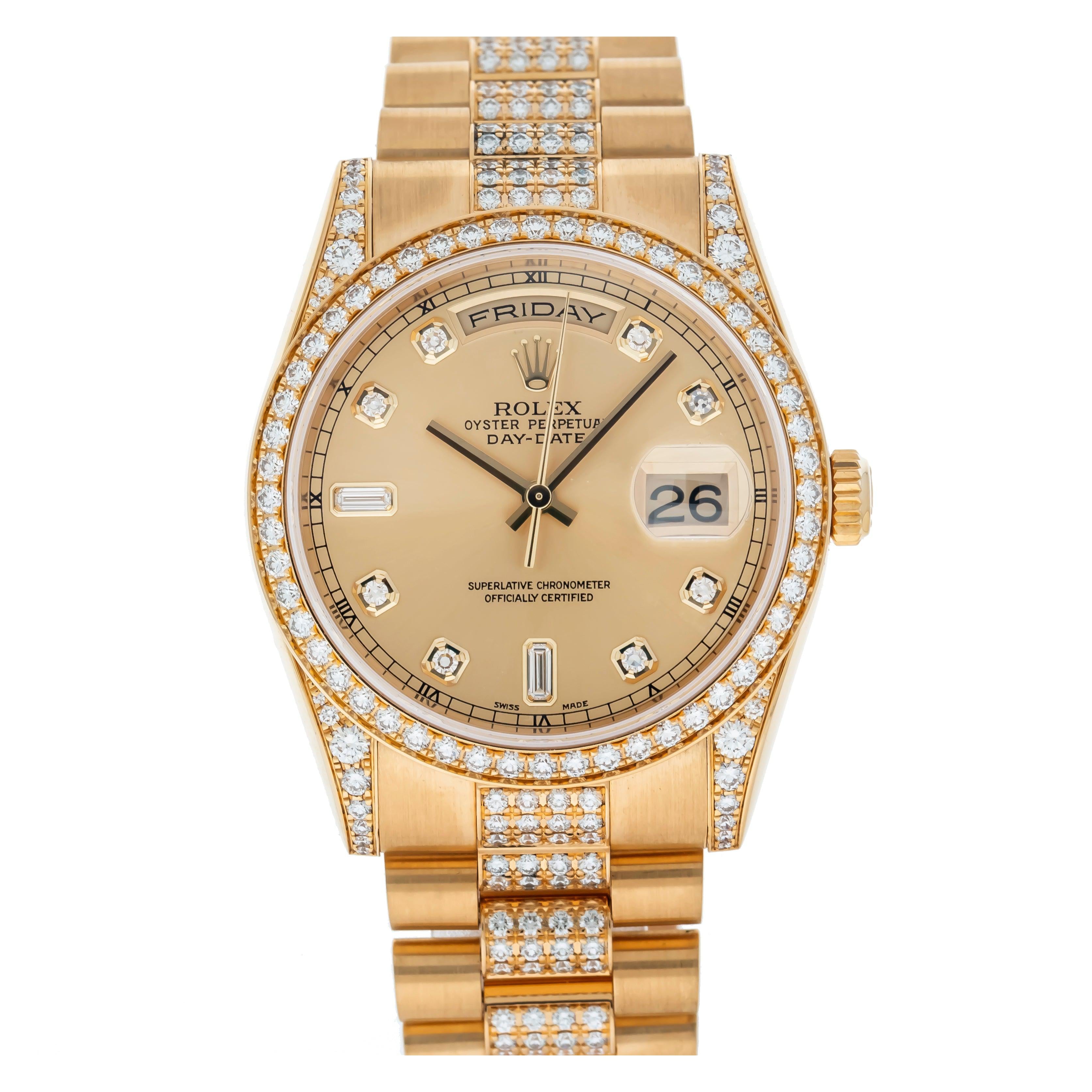 Rolex Day-Date 36MM 118388 Champagne Diamond Dial Diamond Bezel 18K Yellow Gold President Bracelet