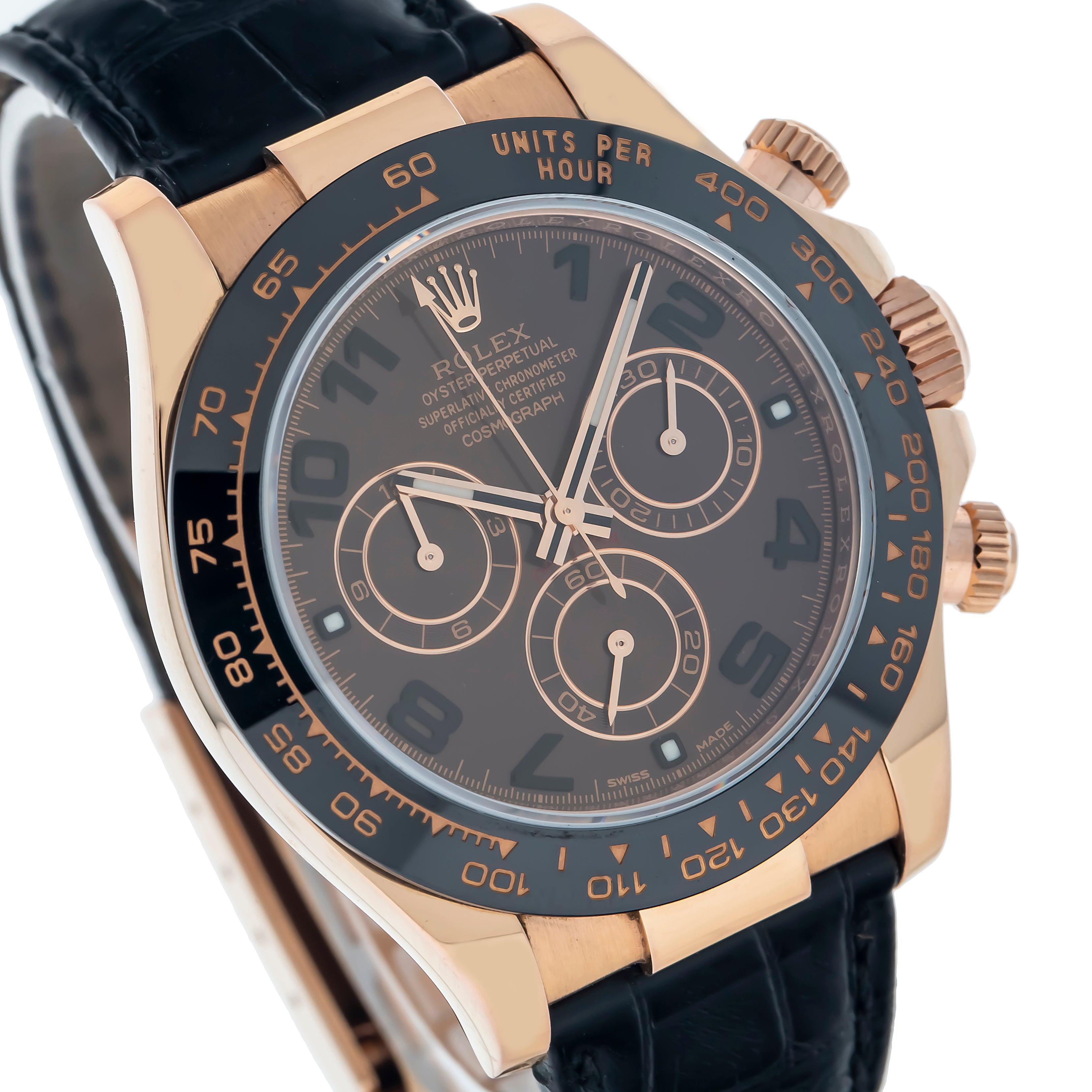 Rolex Cosmograph Daytona 40MM 116515LN Chocolate Arabic Dial Black Ceramic Tachymeter Bezel Black Leather Strap
