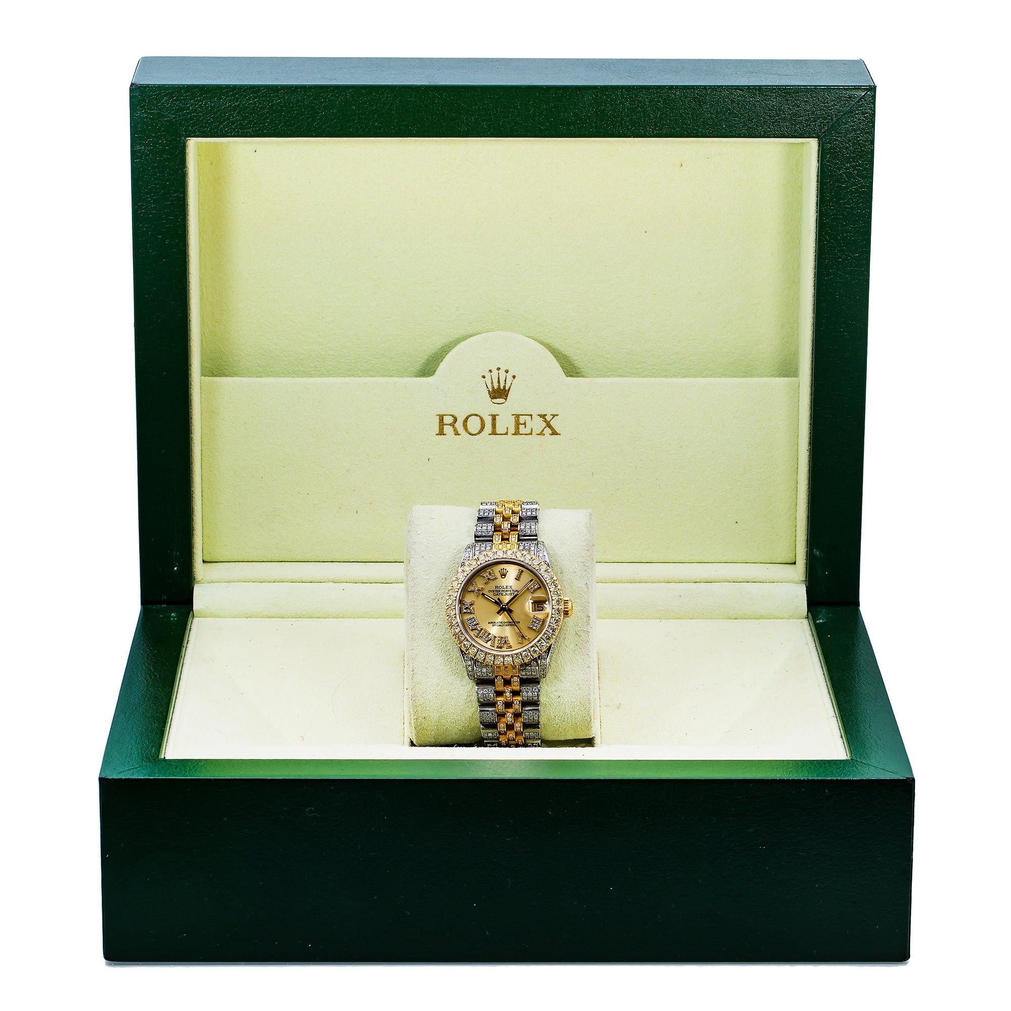 Rolex Datejust 31MM 6824 Champagne Roman Diamond Dial Diamond Bezel Two Tone Yellow Gold Full Diamond Jubilee Bracelet 8.75ct