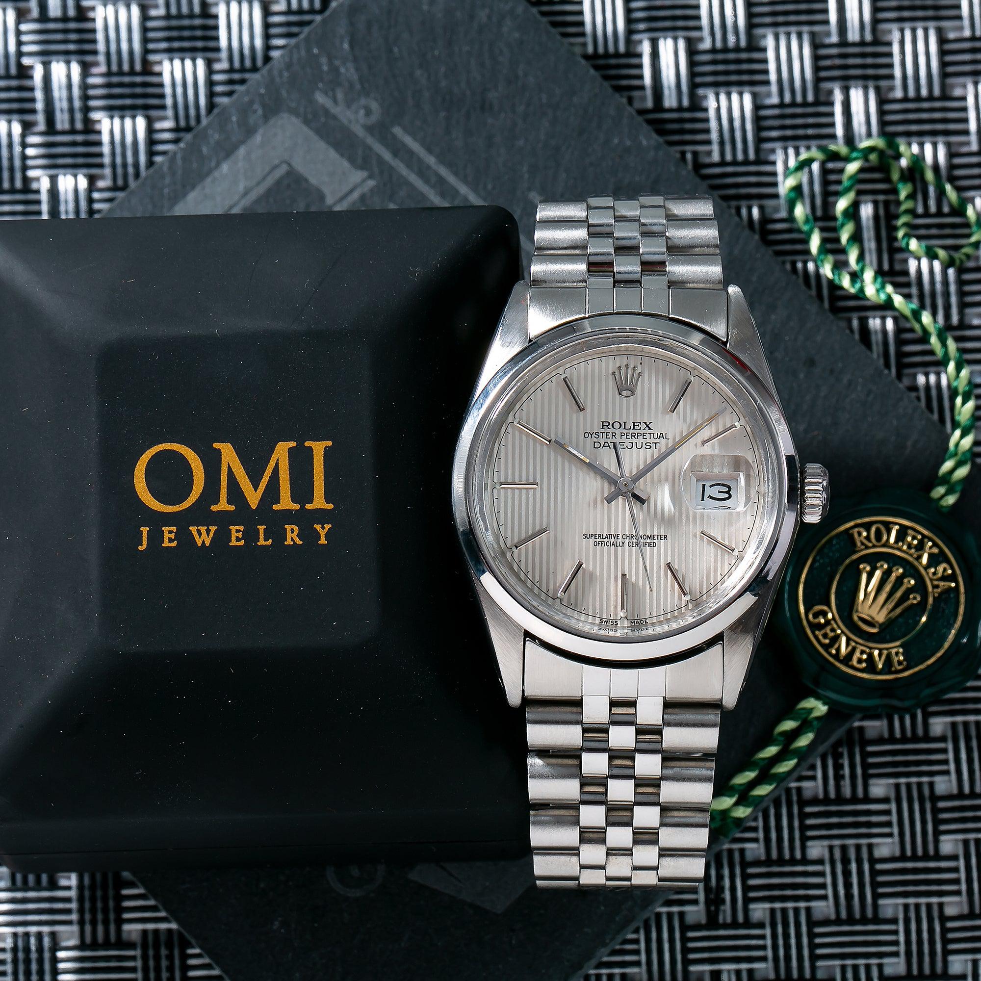 Rolex Datejust 36MM 16014 Silver Tapestry Dial Smooth Bezel Stainless Steel Jubilee Bracelet