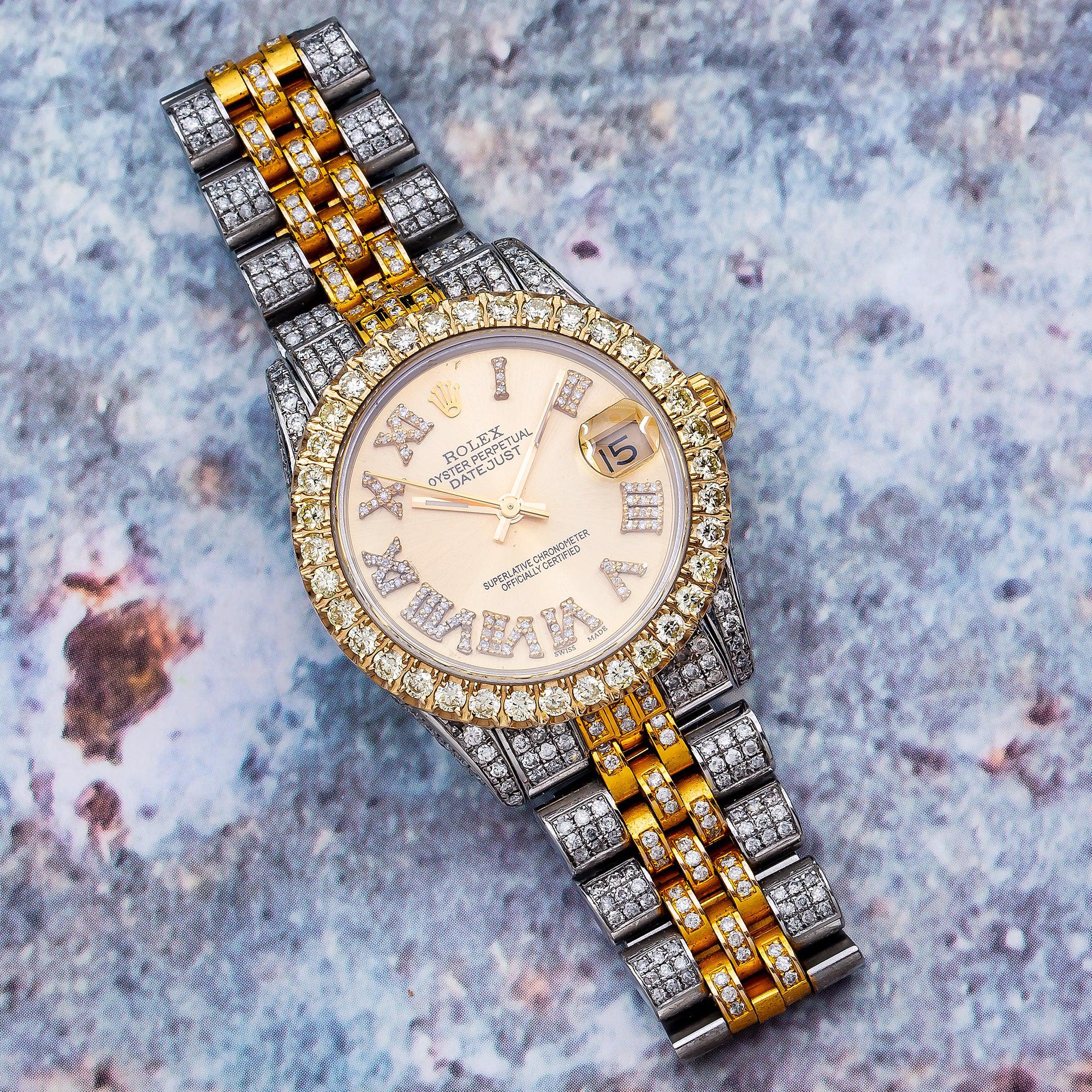 Rolex Datejust 31MM 6824 Champagne Roman Diamond Dial Diamond Bezel Two Tone Yellow Gold Full Diamond Jubilee Bracelet 8.75ct