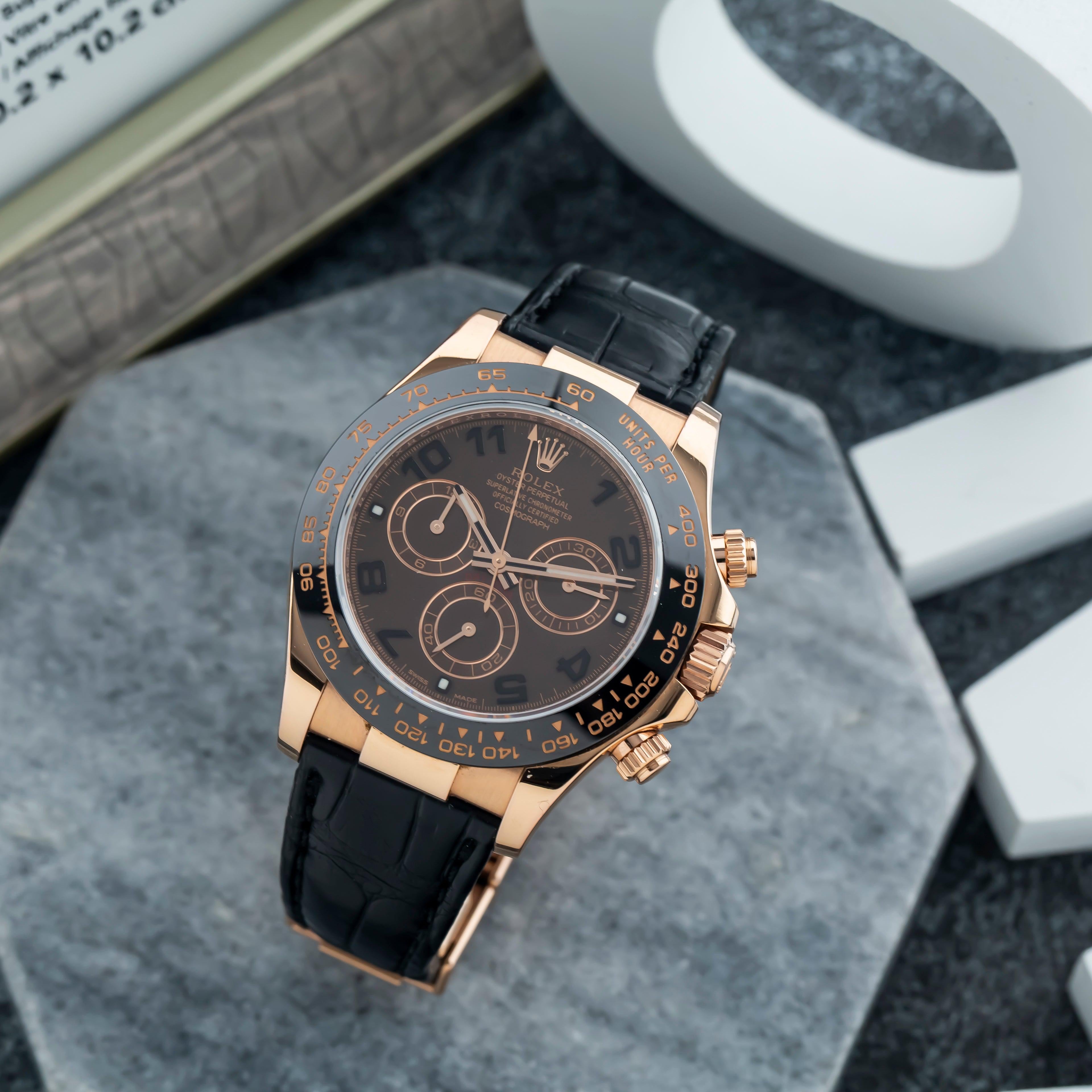 Rolex Cosmograph Daytona 40MM 116515LN Chocolate Arabic Dial Black Ceramic Tachymeter Bezel Black Leather Strap