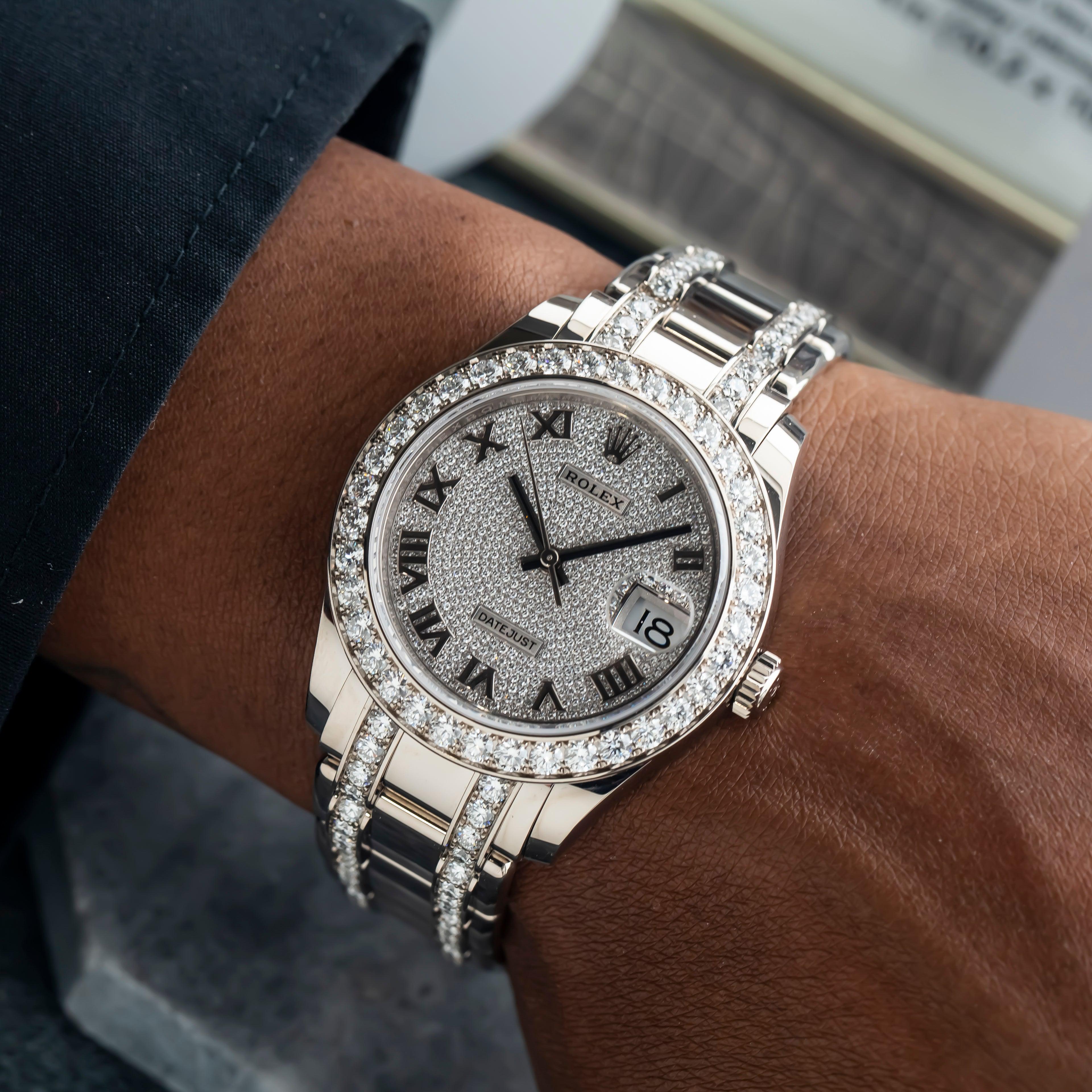 Rolex Datejust Masterpiece 39MM 86289 Diamond Paved Roman Dial Diamond Bezel 18K White Gold Semi Diamond Pearlmaster Bracelet