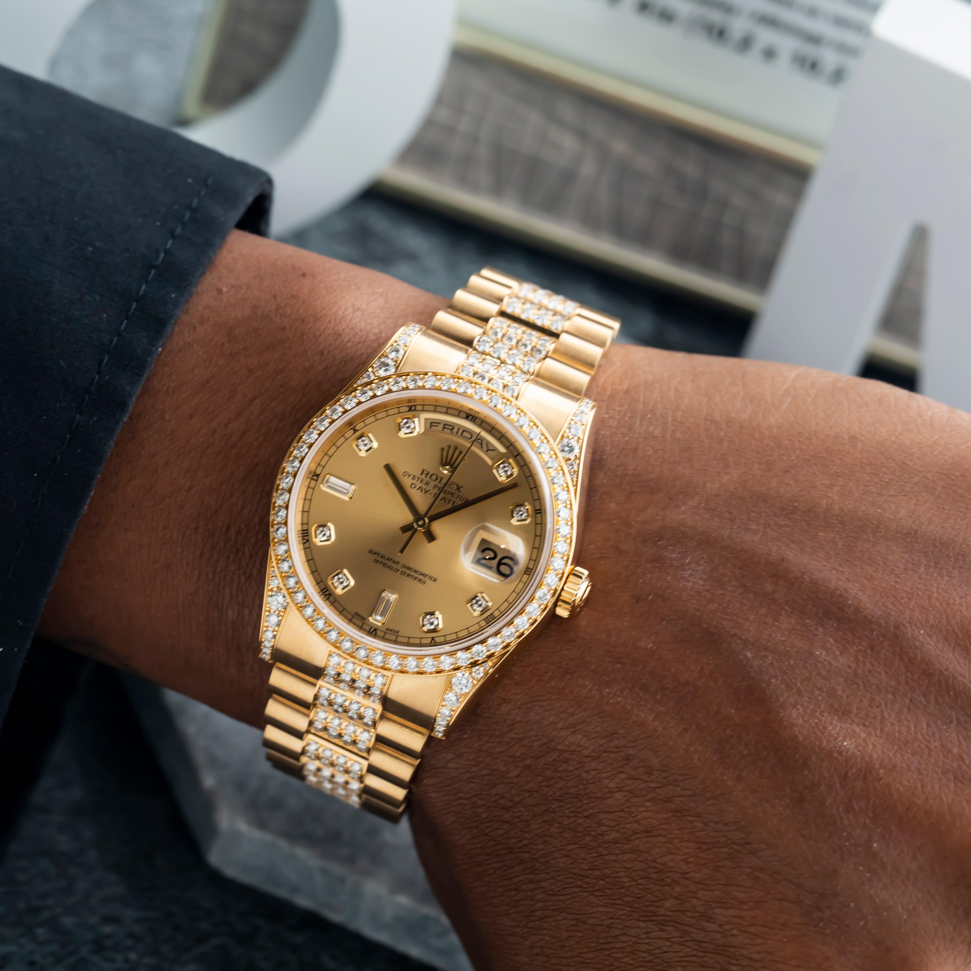 Rolex Day-Date 36MM 18038 Champagne Diamond Dial Diamond Bezel 18K Yellow Gold Semi Diamond President Bracelet