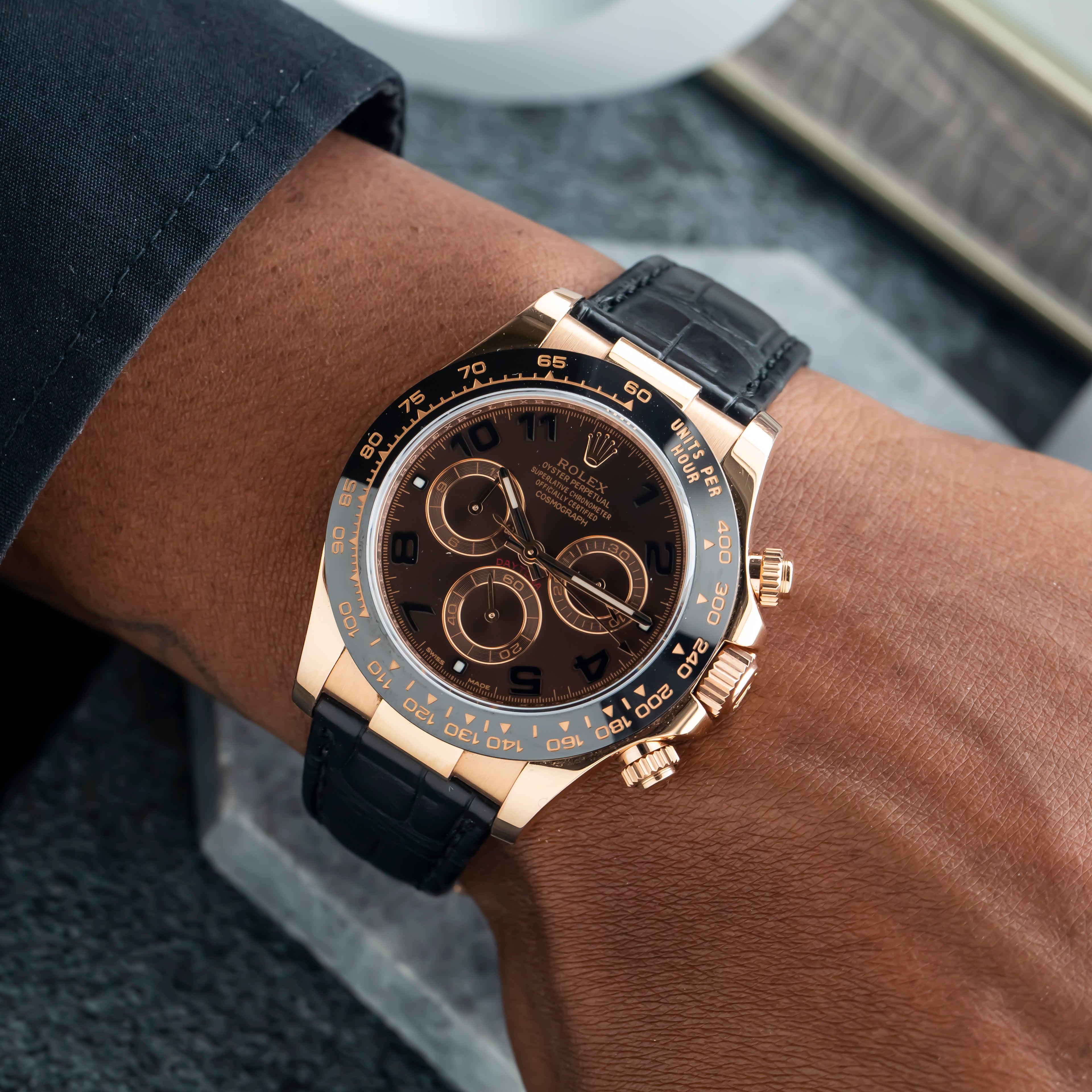 Rolex Cosmograph Daytona 40MM 116515LN Chocolate Arabic Dial Black Ceramic Tachymeter Bezel Black Leather Strap