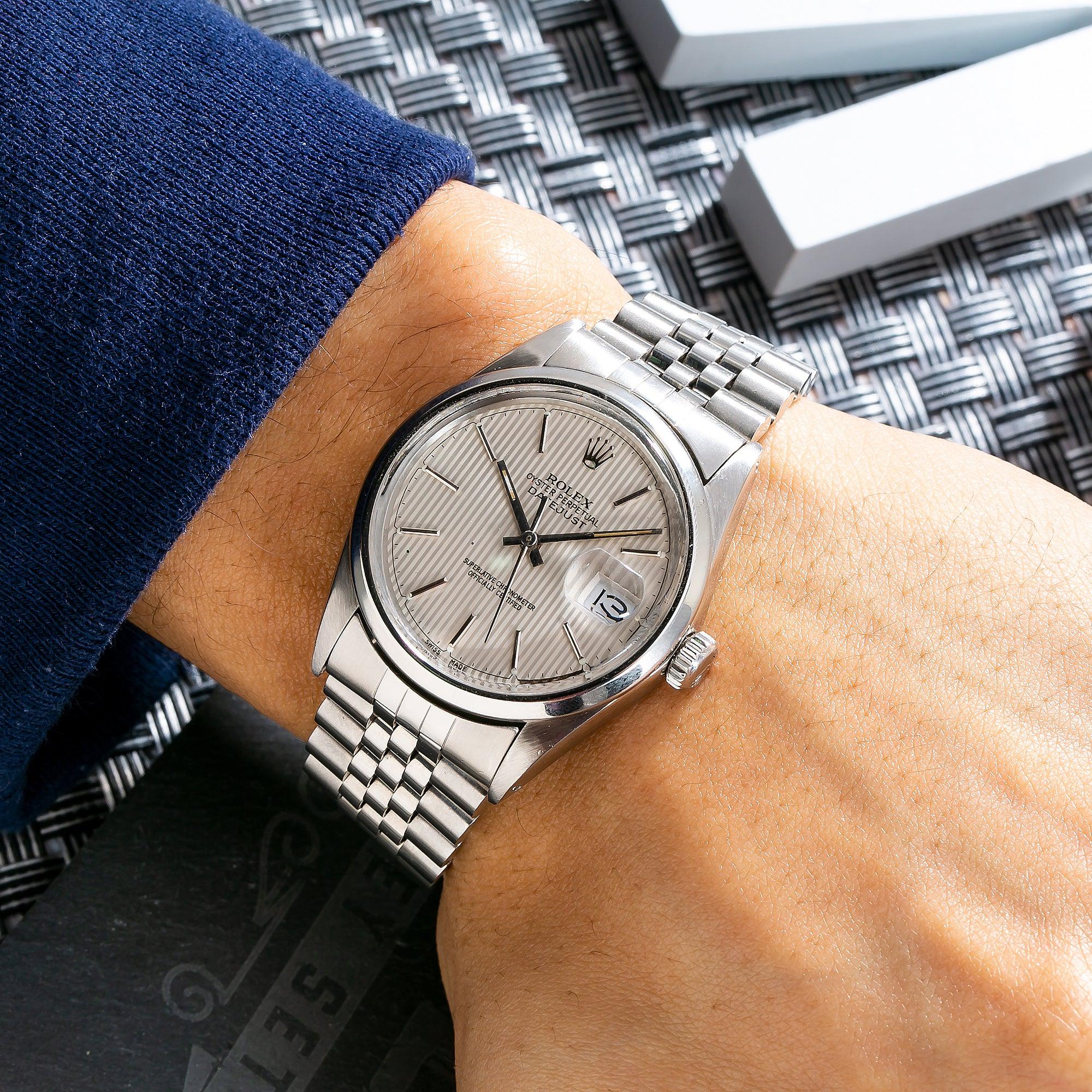Rolex Datejust 36MM 16014 Silver Tapestry Dial Smooth Bezel Stainless Steel Jubilee Bracelet