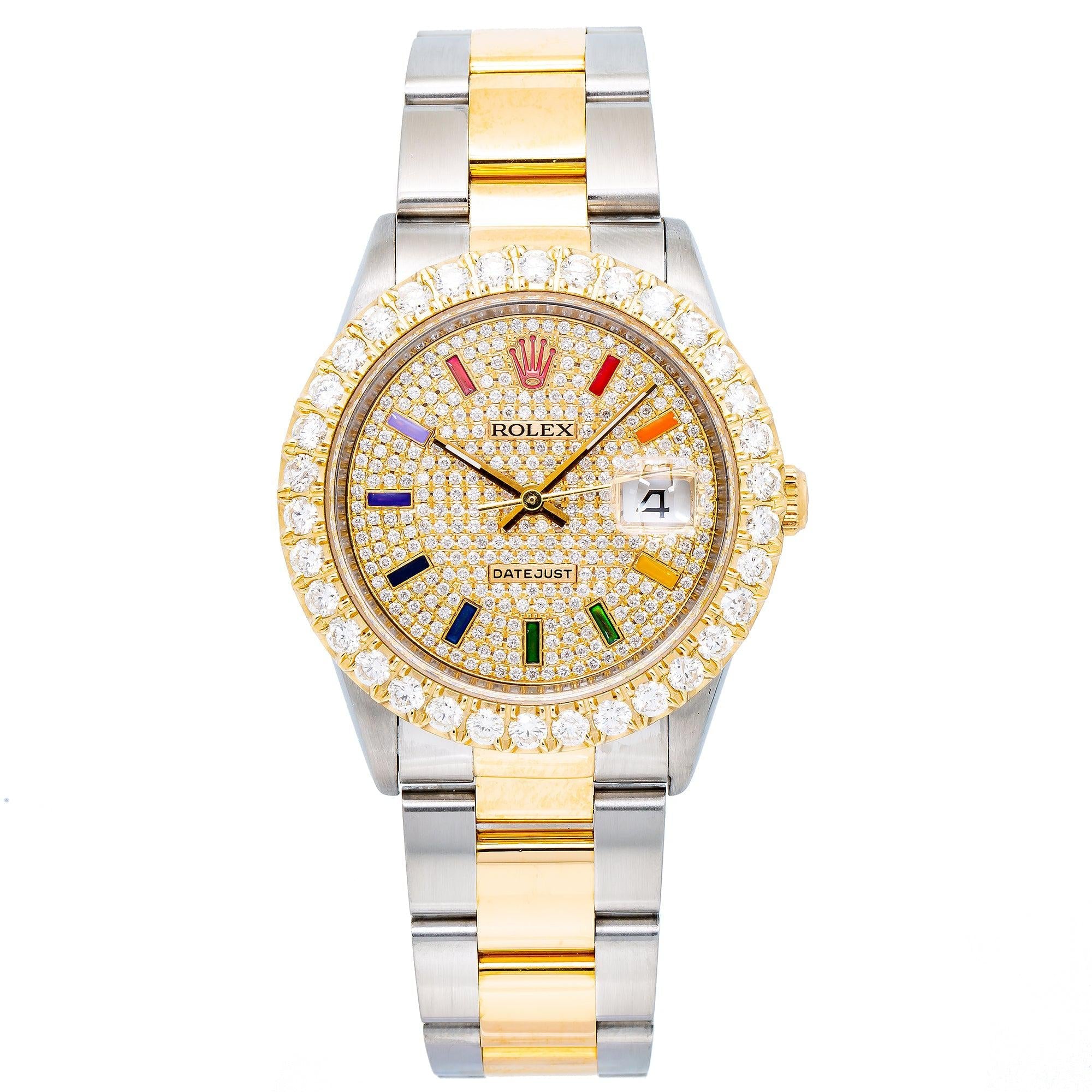 Rolex Datejust 36MM 16013 Diamond Paved Rainbow Hour Dial Diamond Bezel Two Tone Yellow Gold Oyster Bracelet