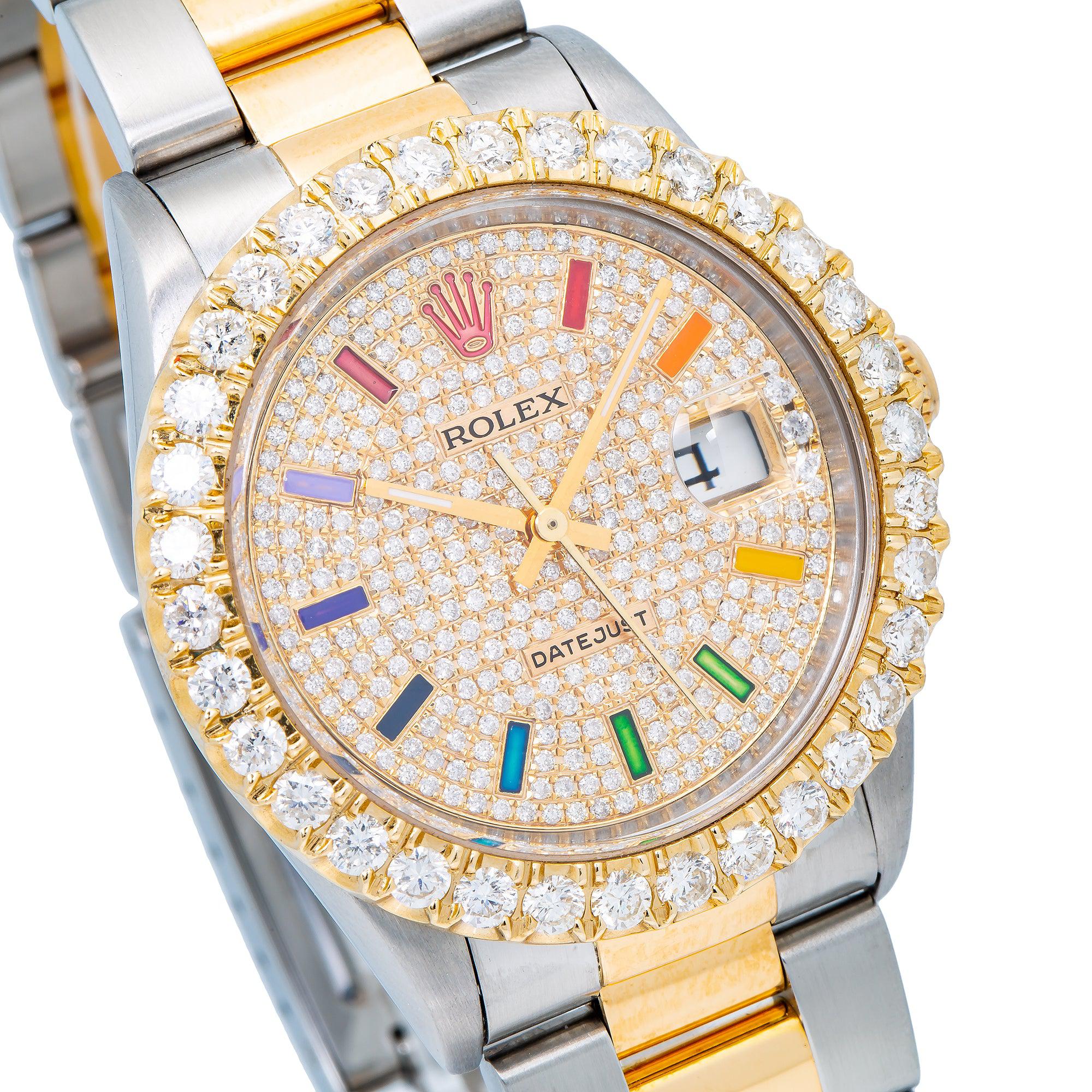 Rolex Datejust 36MM 16013 Diamond Paved Rainbow Hour Dial Diamond Bezel Two Tone Yellow Gold Oyster Bracelet
