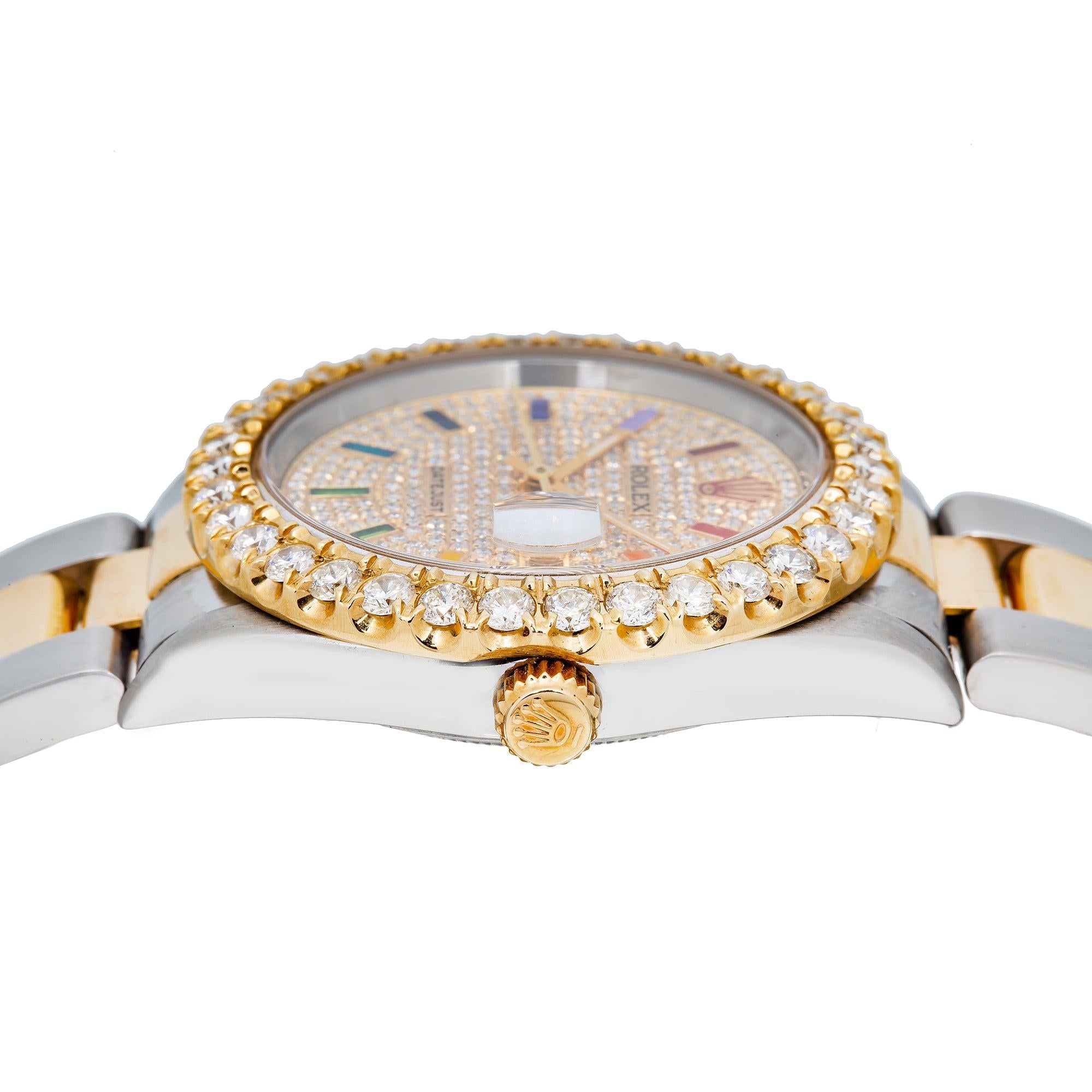 Rolex Datejust 36MM 16013 Diamond Paved Rainbow Hour Dial Diamond Bezel Two Tone Yellow Gold Oyster Bracelet