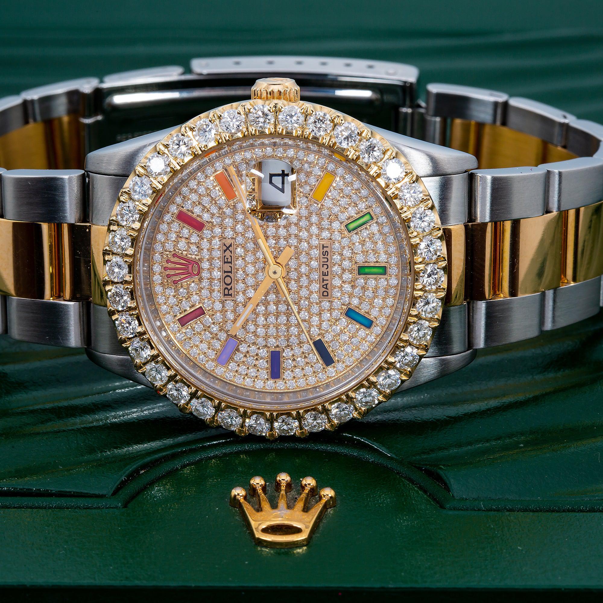 Rolex Datejust 36MM 16013 Diamond Paved Rainbow Hour Dial Diamond Bezel Two Tone Yellow Gold Oyster Bracelet