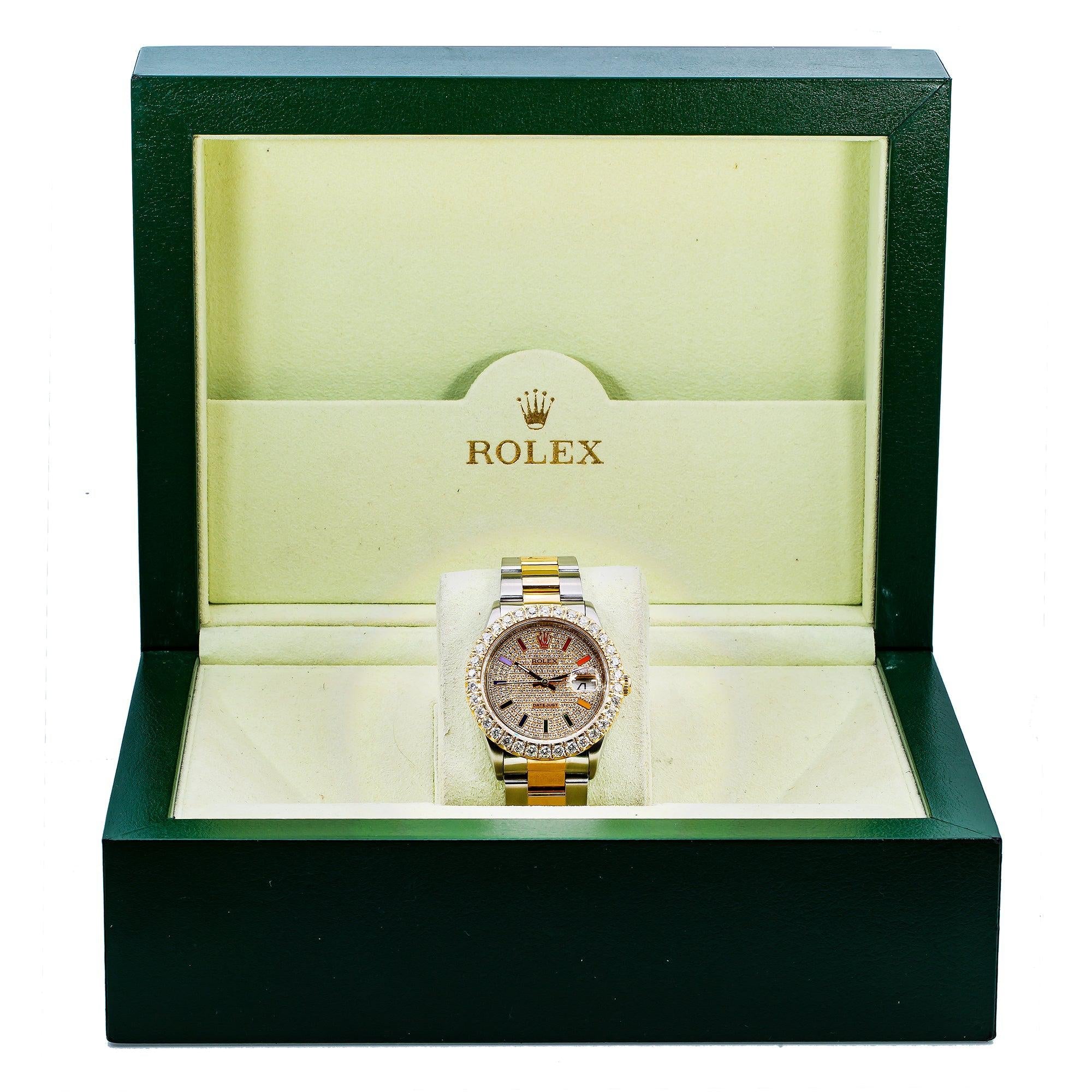 Rolex Datejust 36MM 16013 Diamond Paved Rainbow Hour Dial Diamond Bezel Two Tone Yellow Gold Oyster Bracelet
