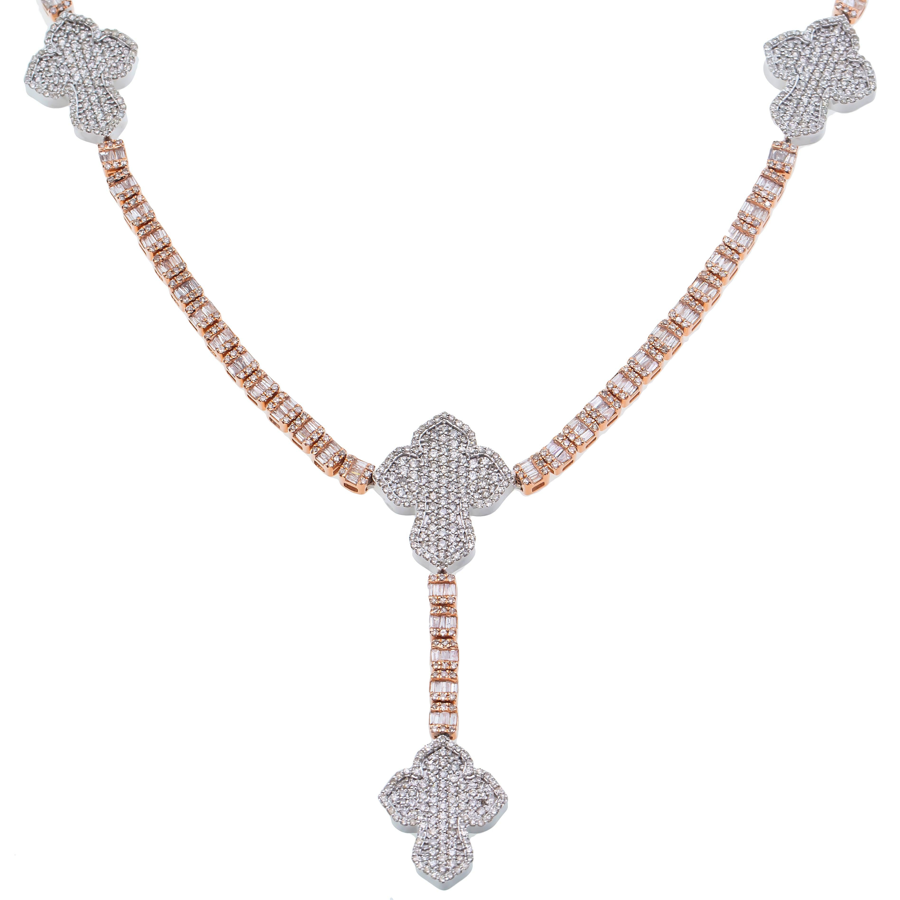 10K GOLD 3.88MM TWO-TONE BAGUETTE DIAMOND LARIAT CROSS CHAIN 8.82 CT