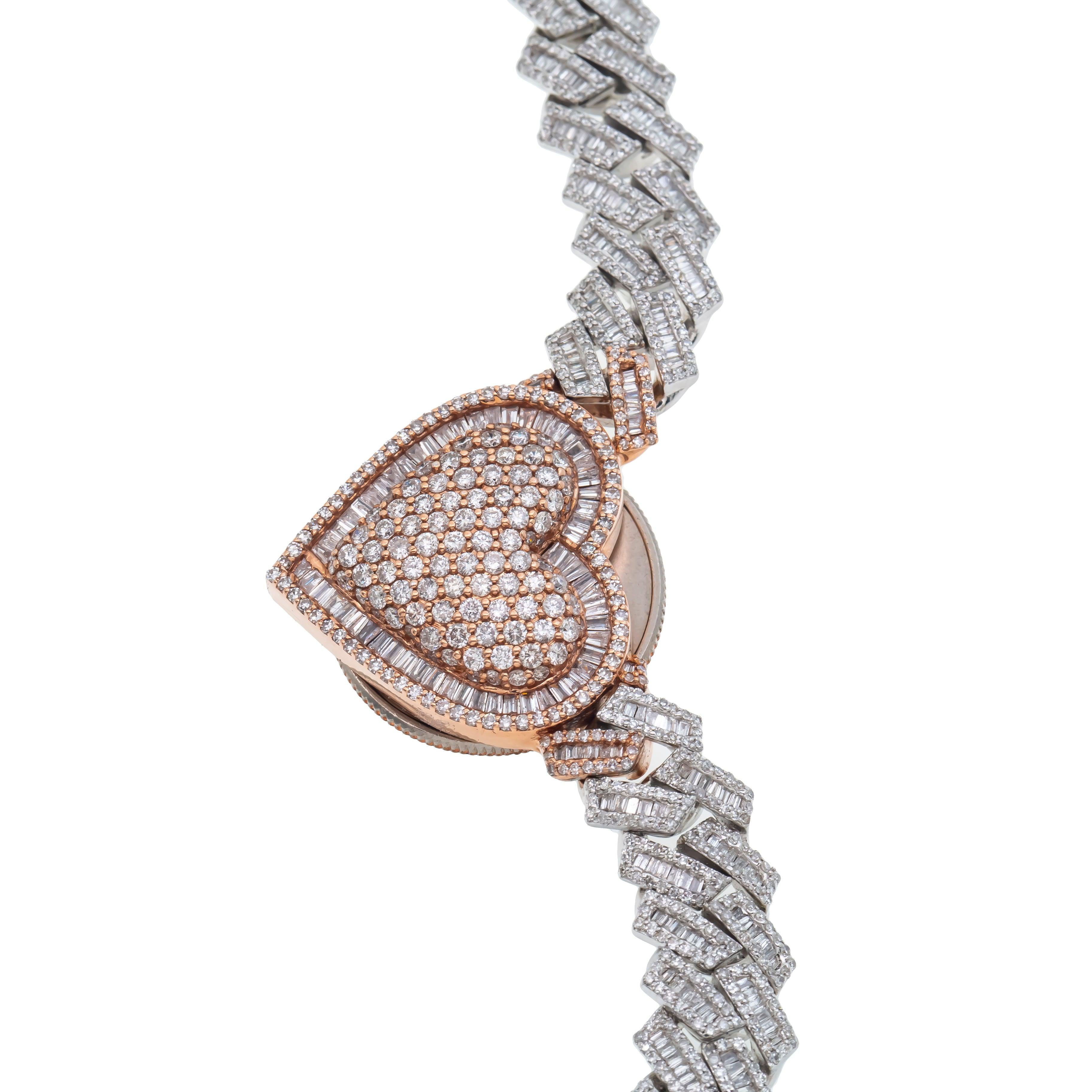 10K GOLD BAGUETTE DIAMOND 10MM PRONG CUBAN LINK HEART CHAIN 17.65 CT