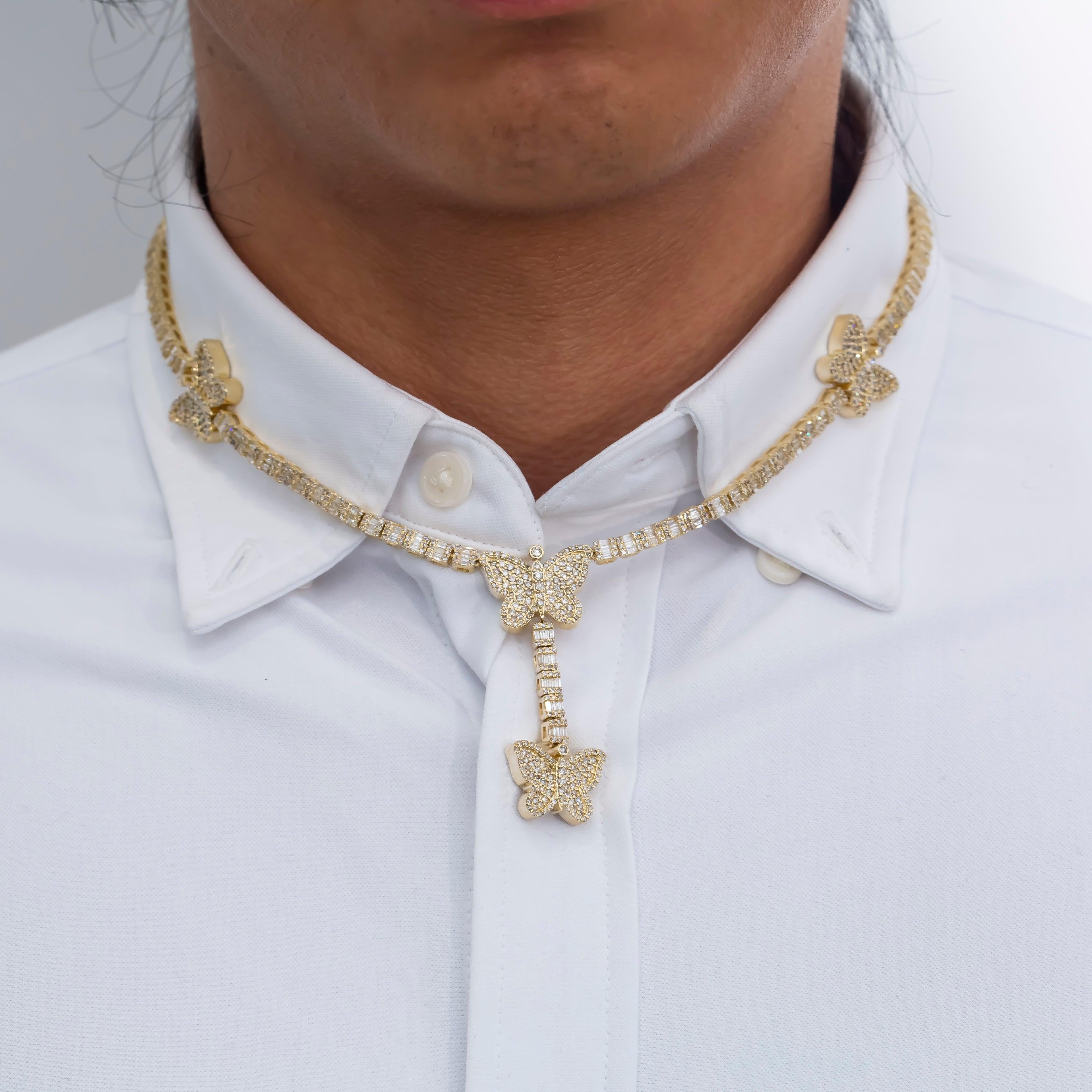 10K GOLD 3.87MM BAGUETTE DIAMOND BUTTERFLY LARIAT CHAIN 8.95 CT