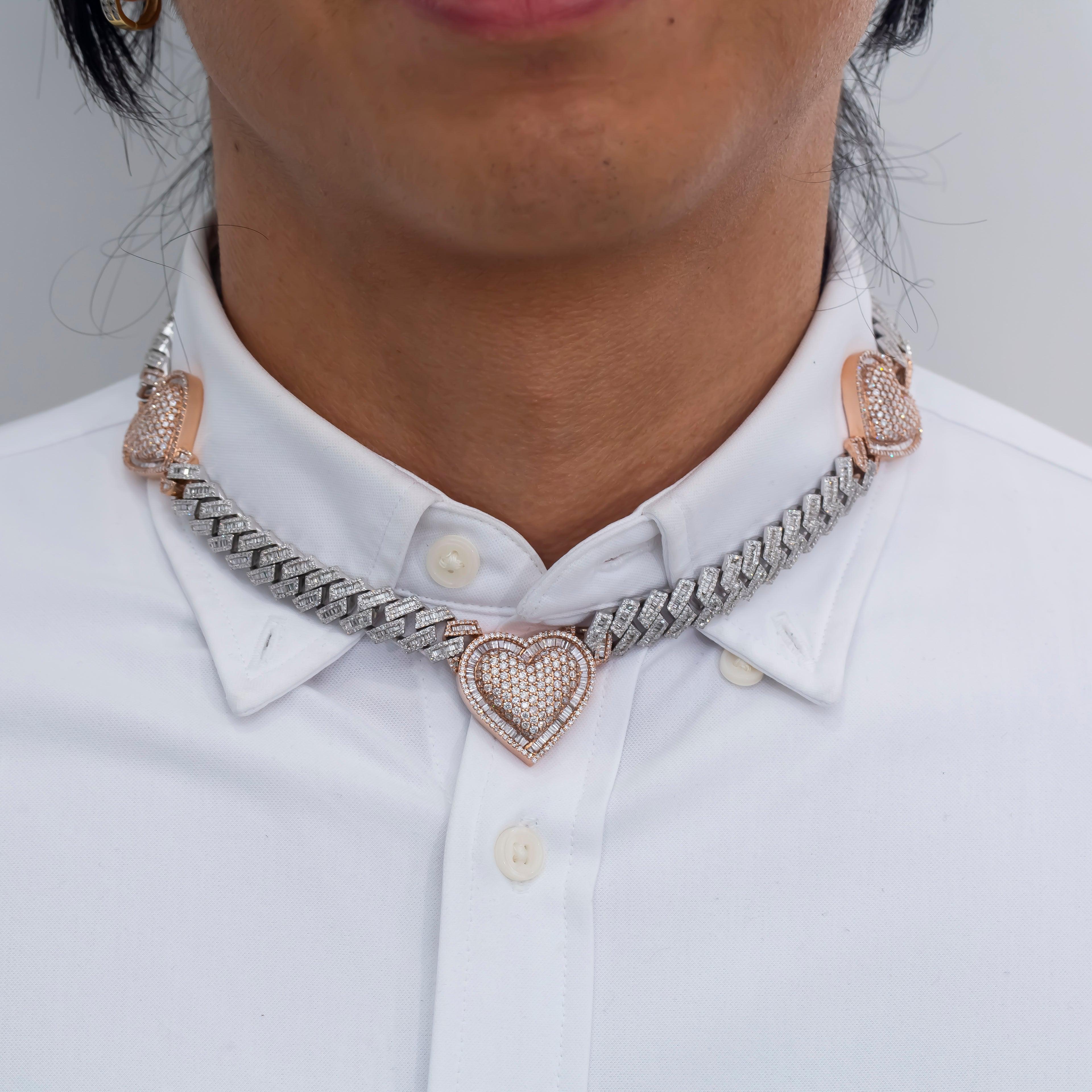 10K GOLD BAGUETTE DIAMOND 10MM PRONG CUBAN LINK HEART CHAIN 17.65 CT