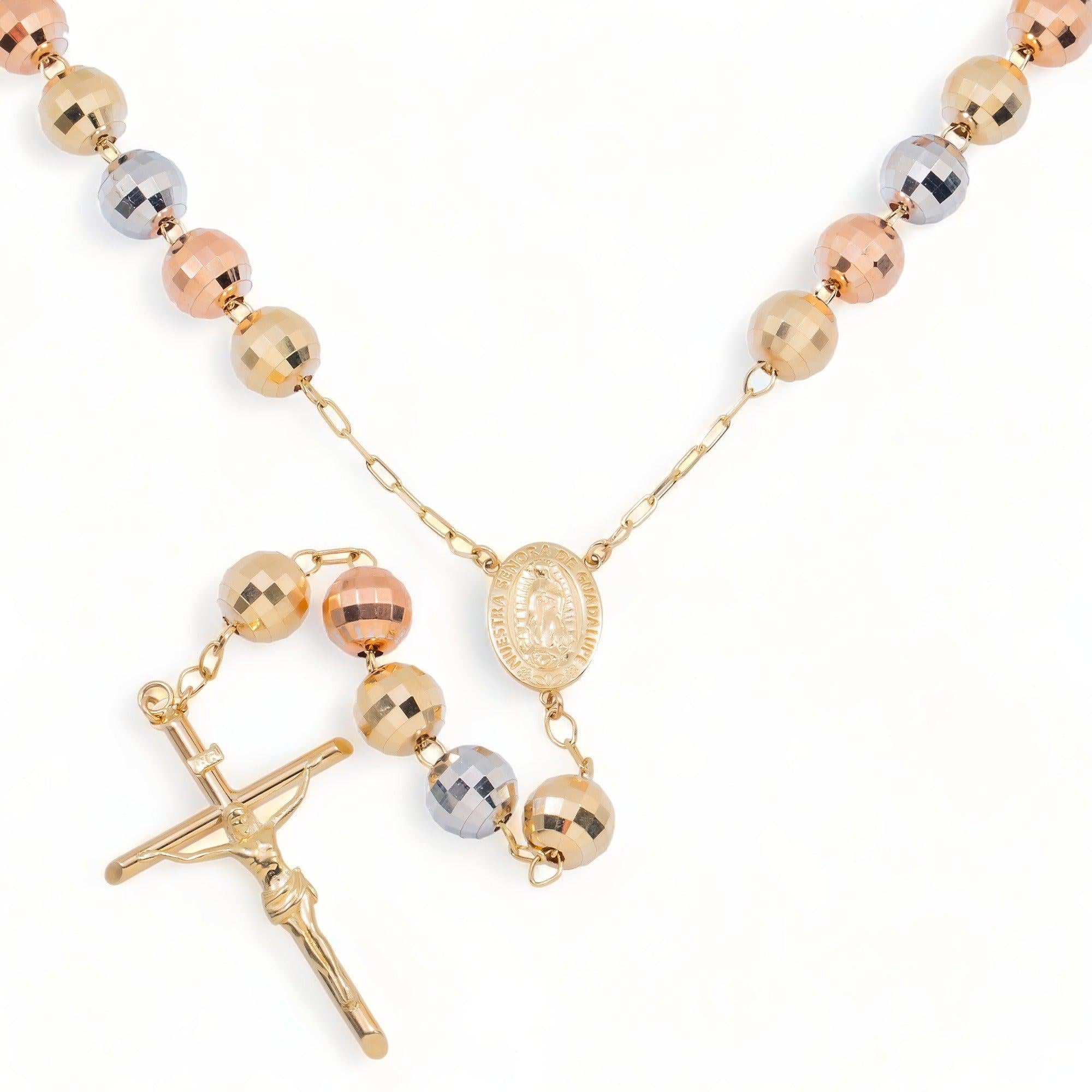 10K GOLD TRICOLOR SOLID 7.05MM OUR LADY OF GUADALUPE CRUCIFIX ROSARY CHAIN