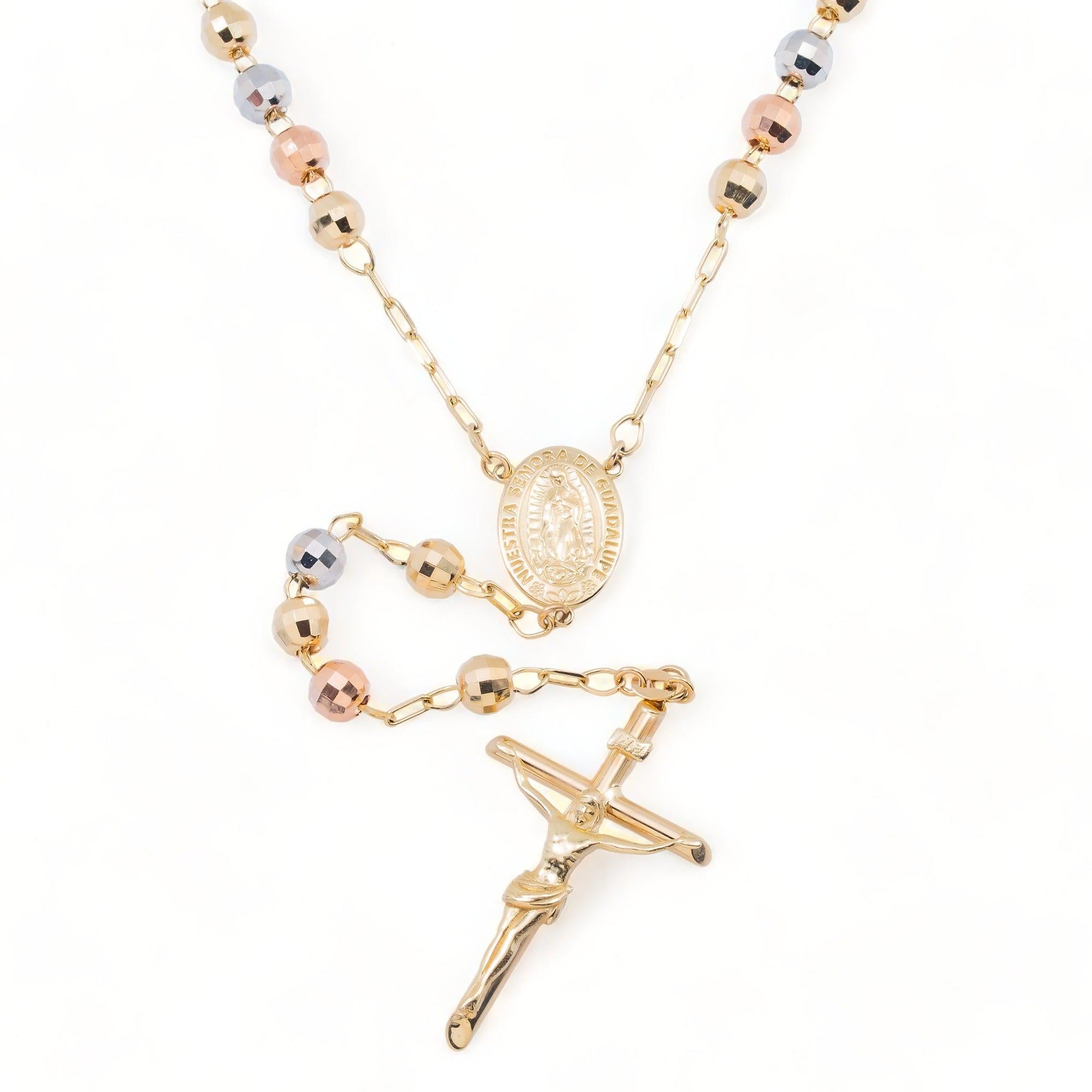 10K GOLD TRICOLOR HOLLOW 5.91MM OUR LADY OF GUADALUPE CRUCIFIX ROSARY CHAIN