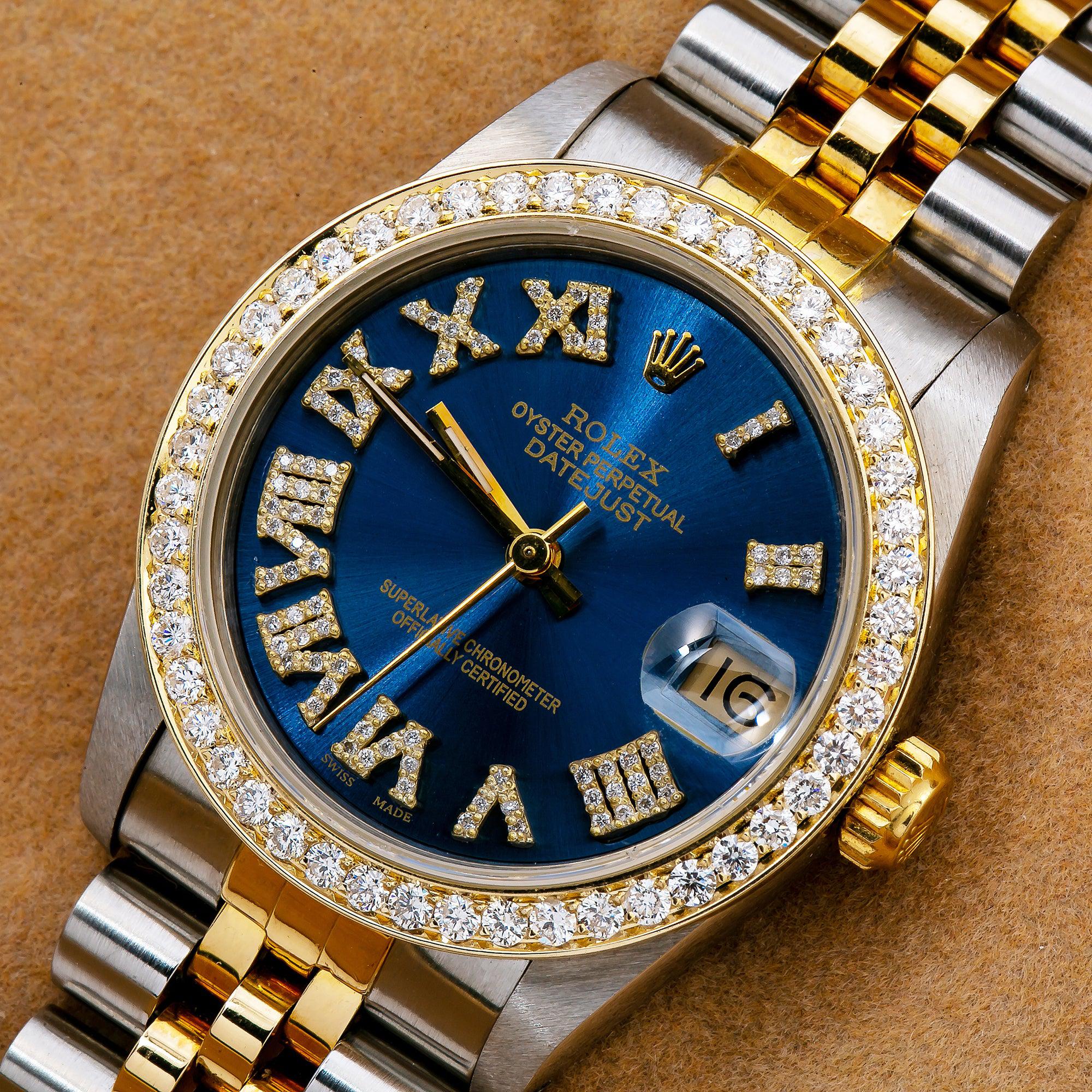 Rolex Datejust 31MM 6824 Blue Roman Diamond Dial Diamond Bezel Two Tone Yellow Gold Jubilee Bracelet