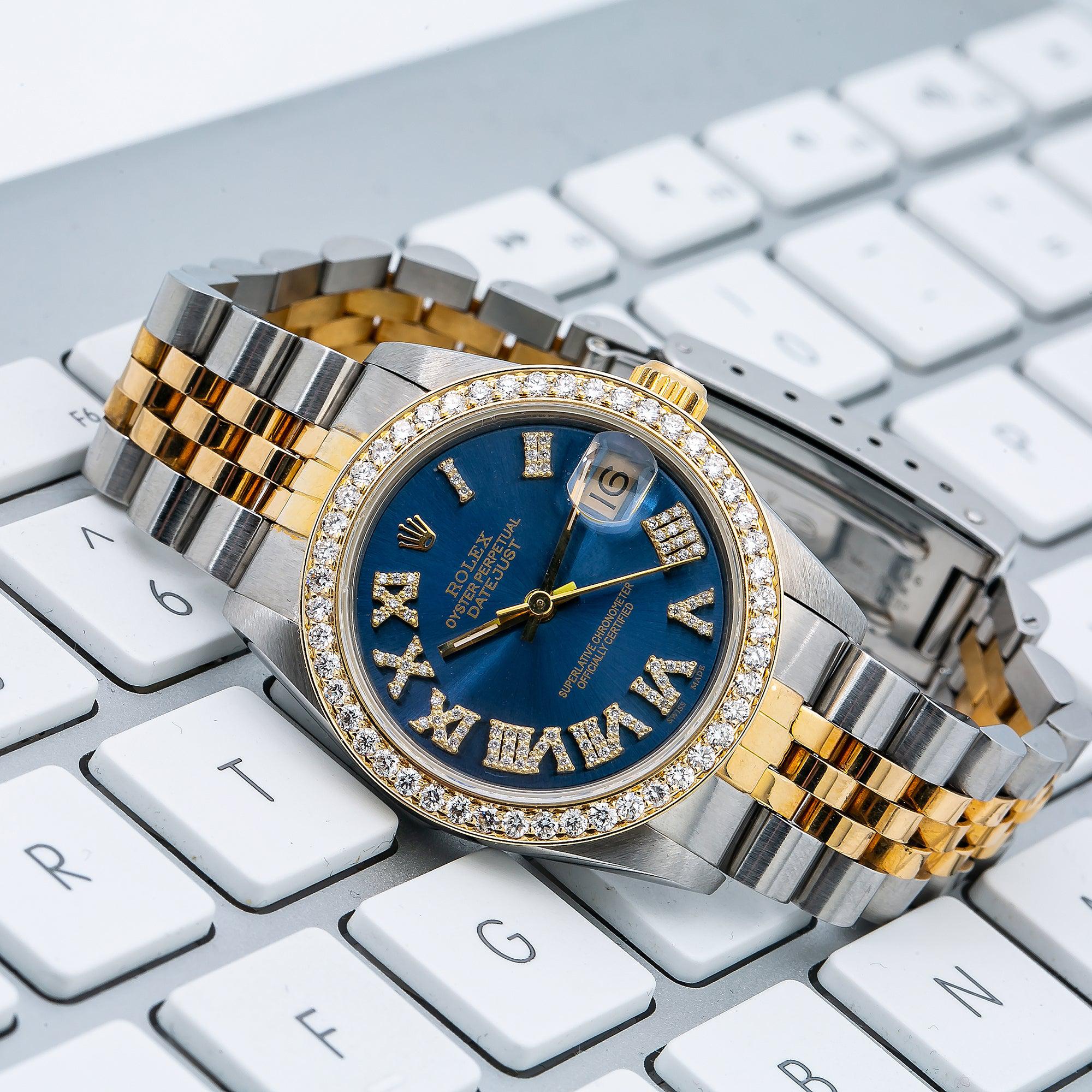Rolex Datejust 31MM 6824 Blue Roman Diamond Dial Diamond Bezel Two Tone Yellow Gold Jubilee Bracelet