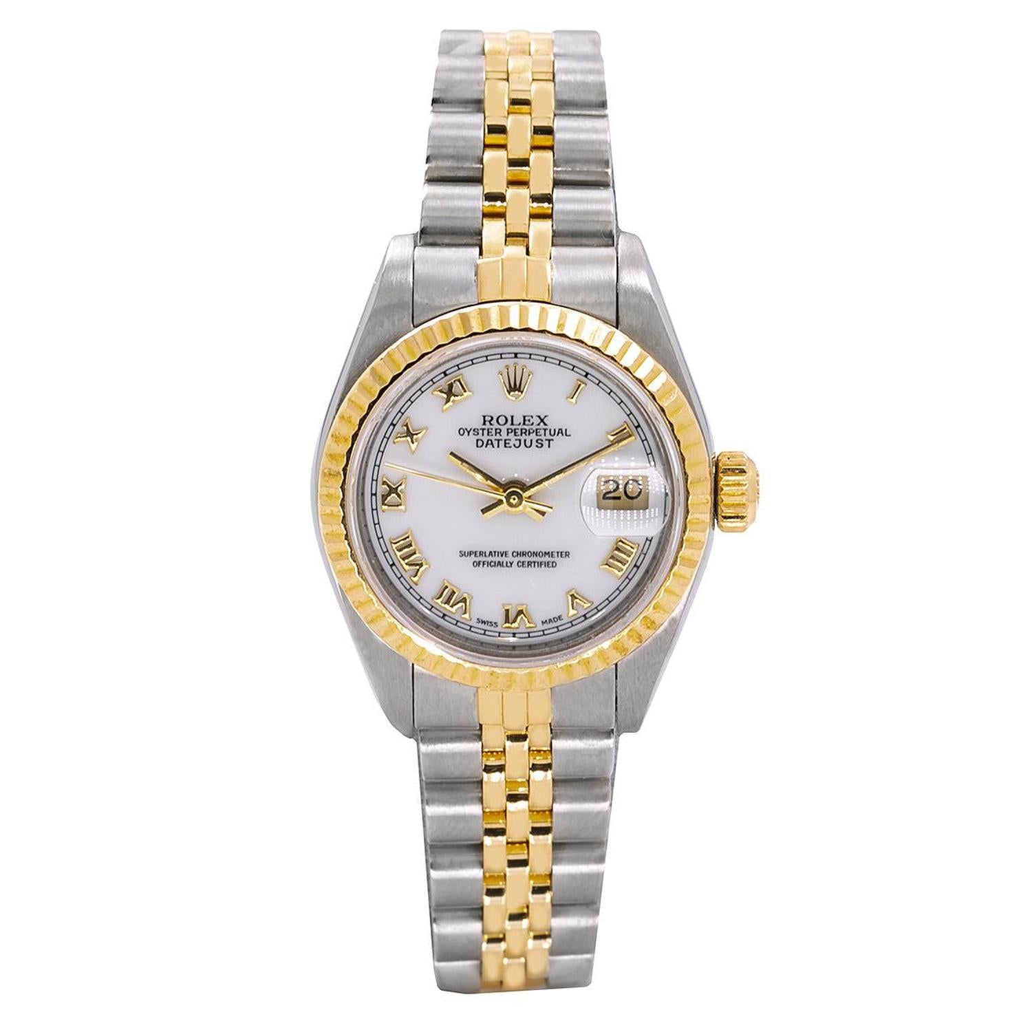 Rolex Datejust 26MM 6917 White Roman Dial Yellow Gold Fluted Bezel Two Tone Jubilee Bracelet