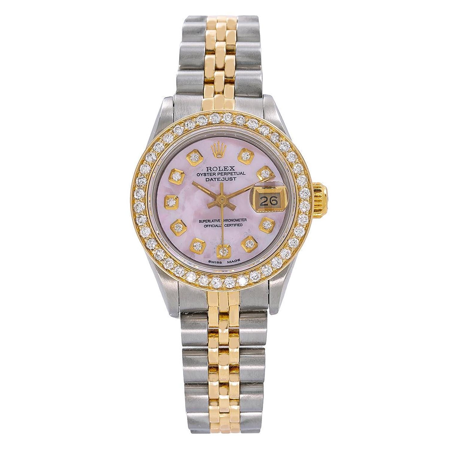 Rolex Datejust 26MM 69173 Pink Mother of Pearl Diamond Dial Diamond Bezel Two Tone Jubilee Bracelet 1.1ct