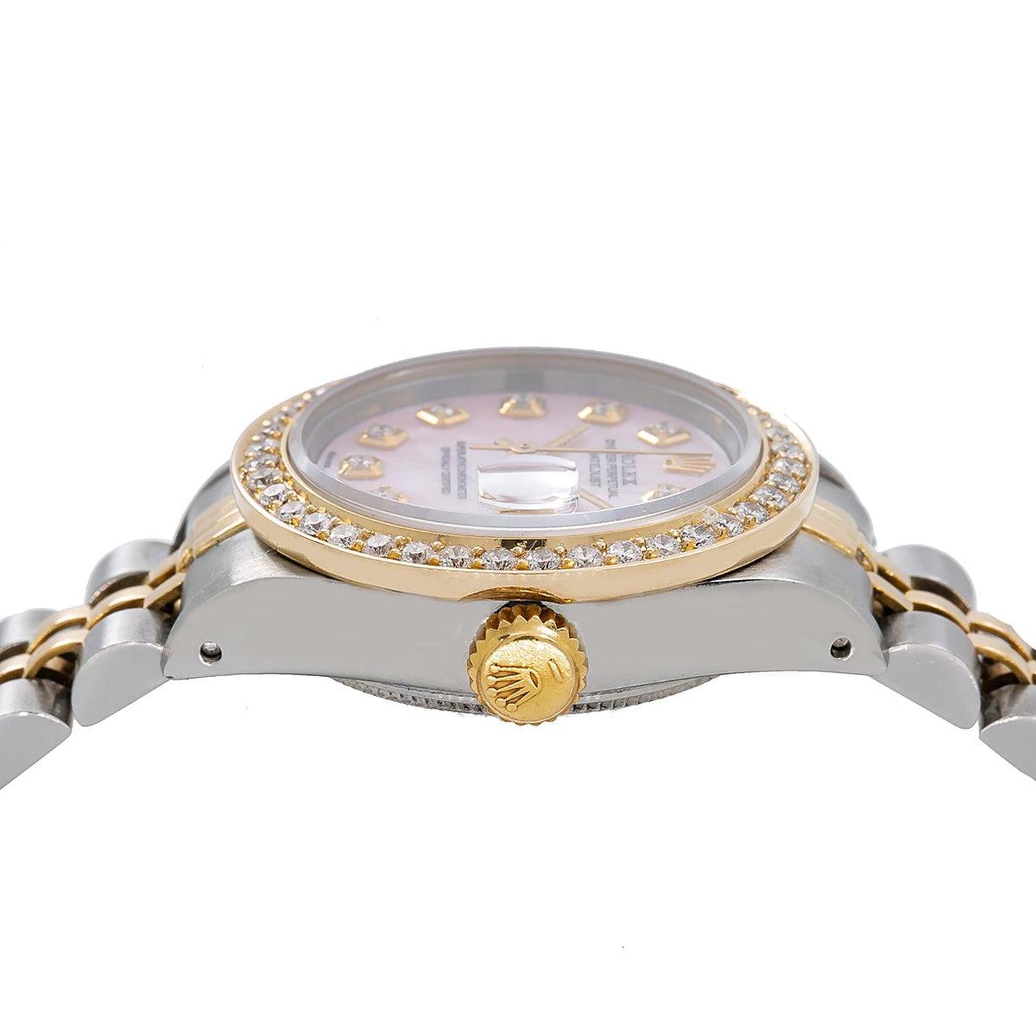 Rolex Datejust 26MM 69173 Pink Mother of Pearl Diamond Dial Diamond Bezel Two Tone Yellow Gold Jubilee Bracelet 1.1ct
