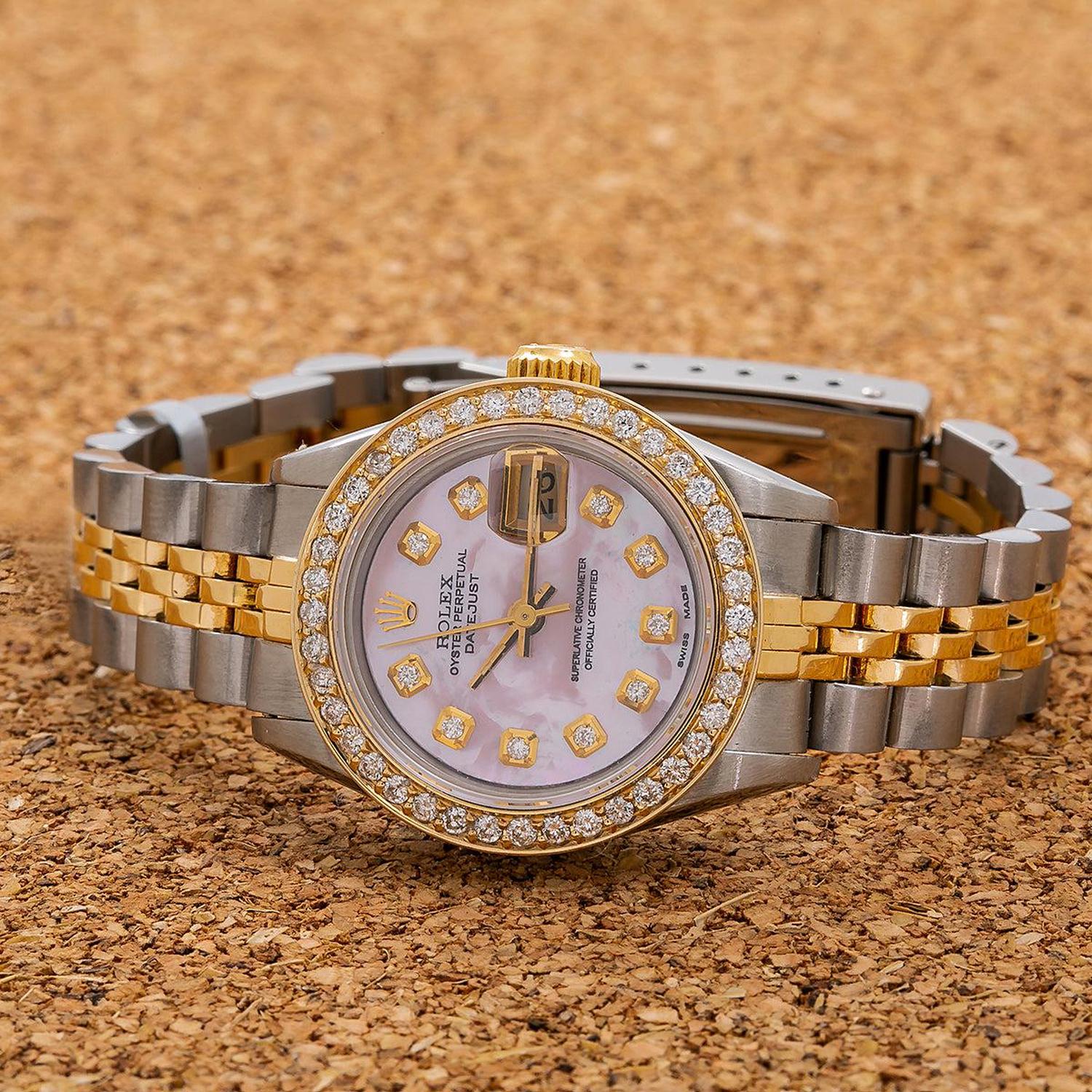 Rolex Datejust 26MM 69173 Pink Mother of Pearl Diamond Dial Diamond Bezel Two Tone Yellow Gold Jubilee Bracelet 1.1ct