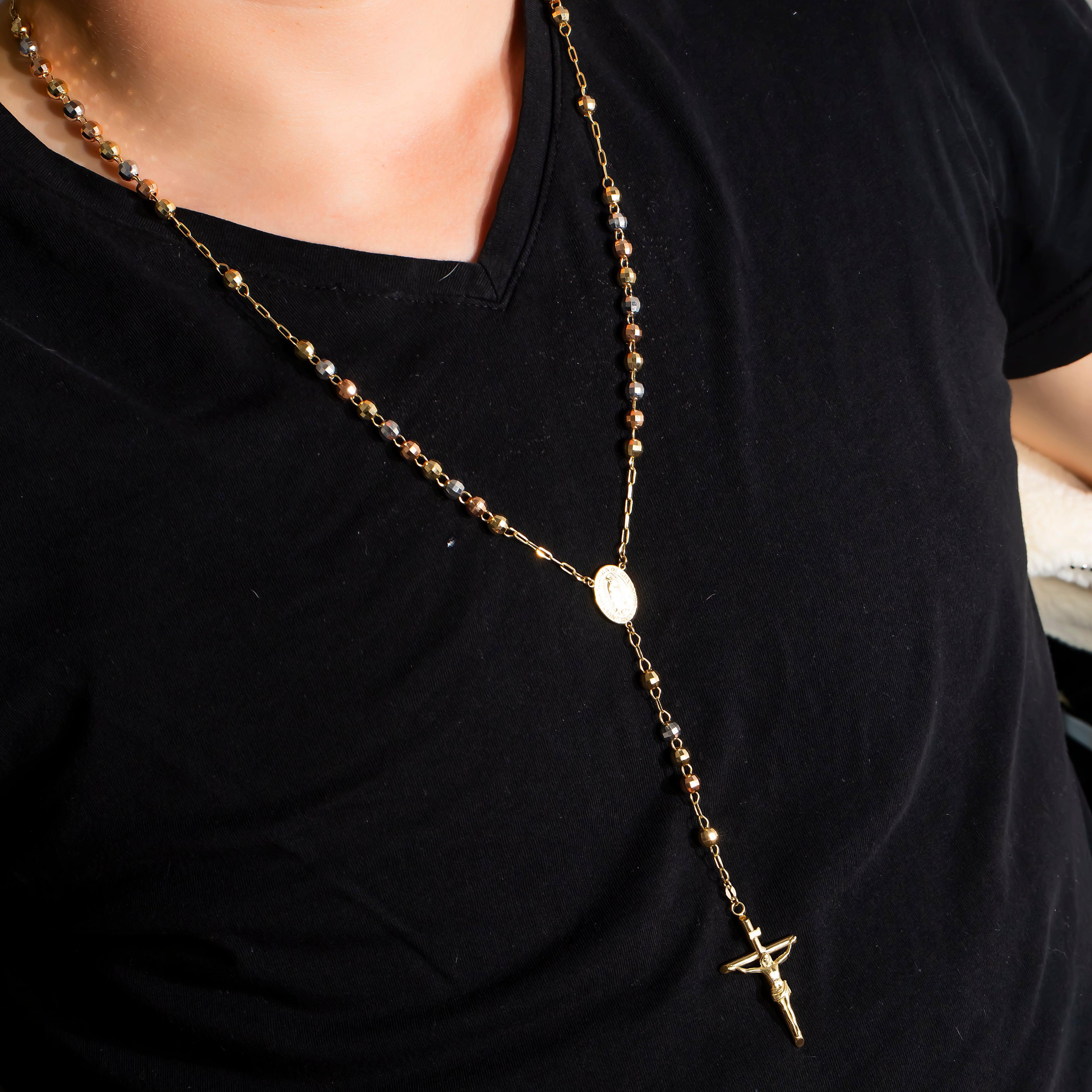 10K GOLD TRICOLOR HOLLOW 5.91MM OUR LADY OF GUADALUPE CRUCIFIX ROSARY CHAIN