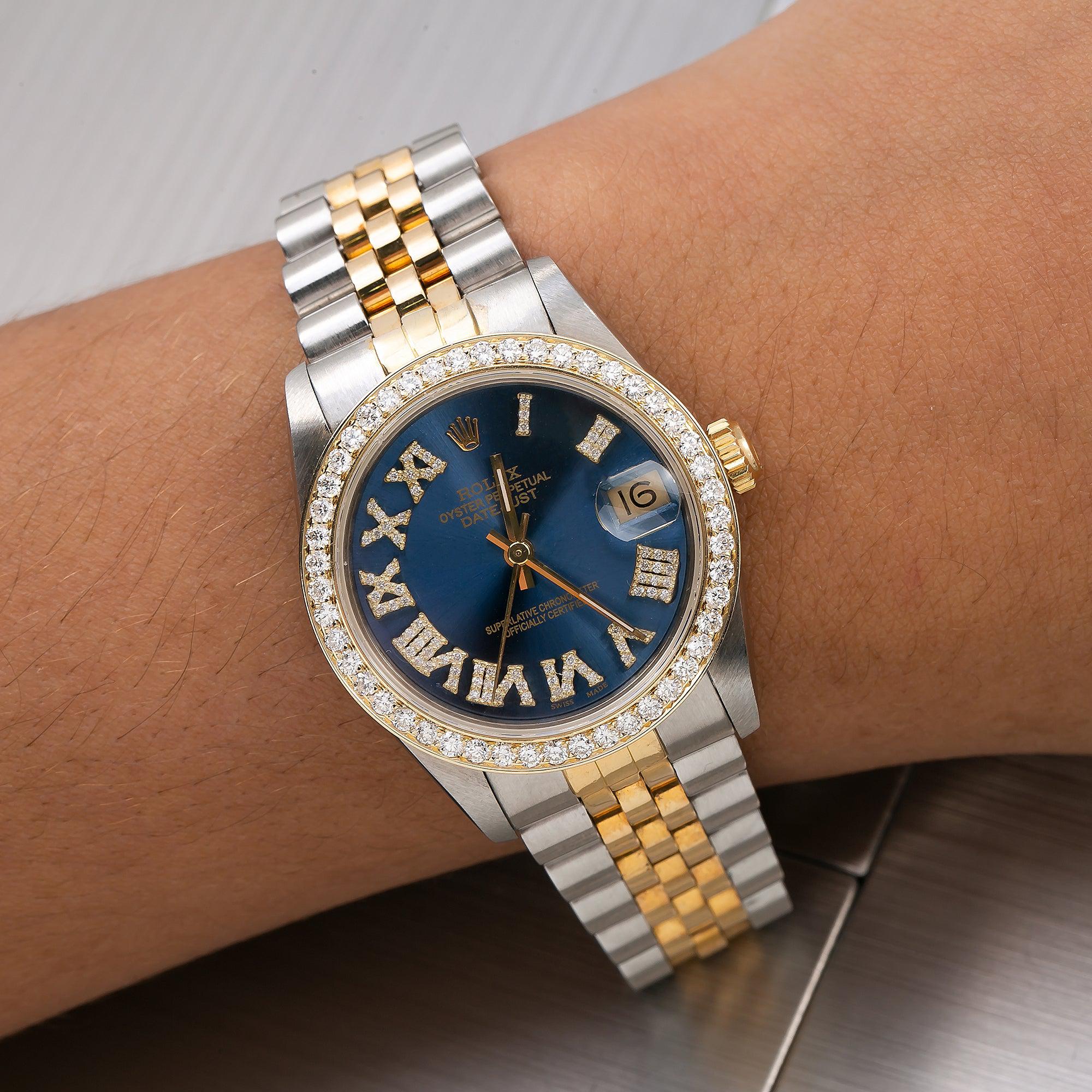 Rolex Datejust 31MM 6824 Blue Roman Diamond Dial Diamond Bezel Two Tone Yellow Gold Jubilee Bracelet