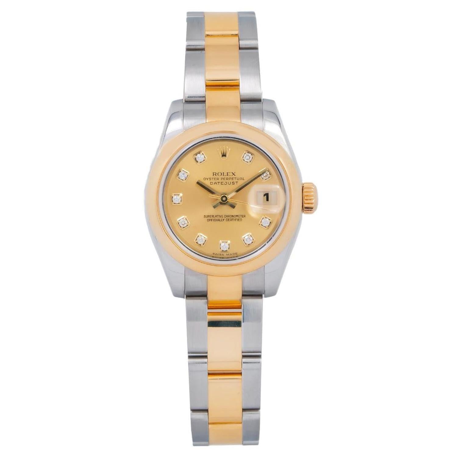 Rolex Datejust 26MM 179163 Champagne Diamond Dial Yellow Gold Smooth Bezel Two Tone Oyster Bracelet