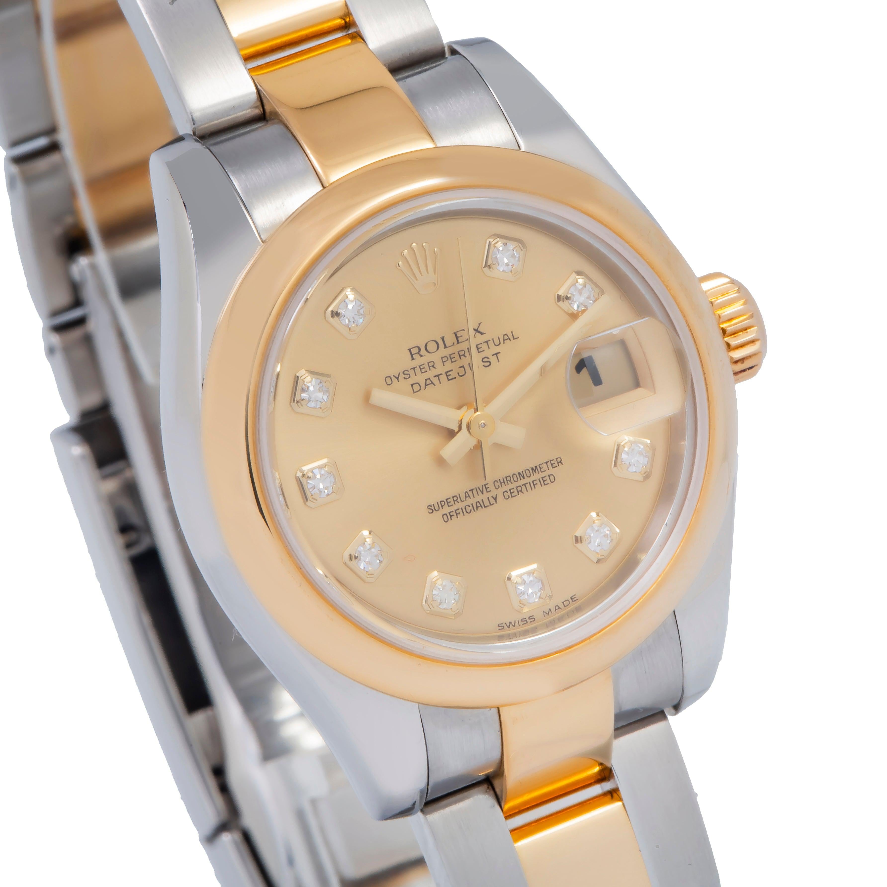 Rolex Datejust 26MM 179163 Champagne Diamond Dial Smooth Bezel Two Tone Yellow Gold Oyster Bracelet