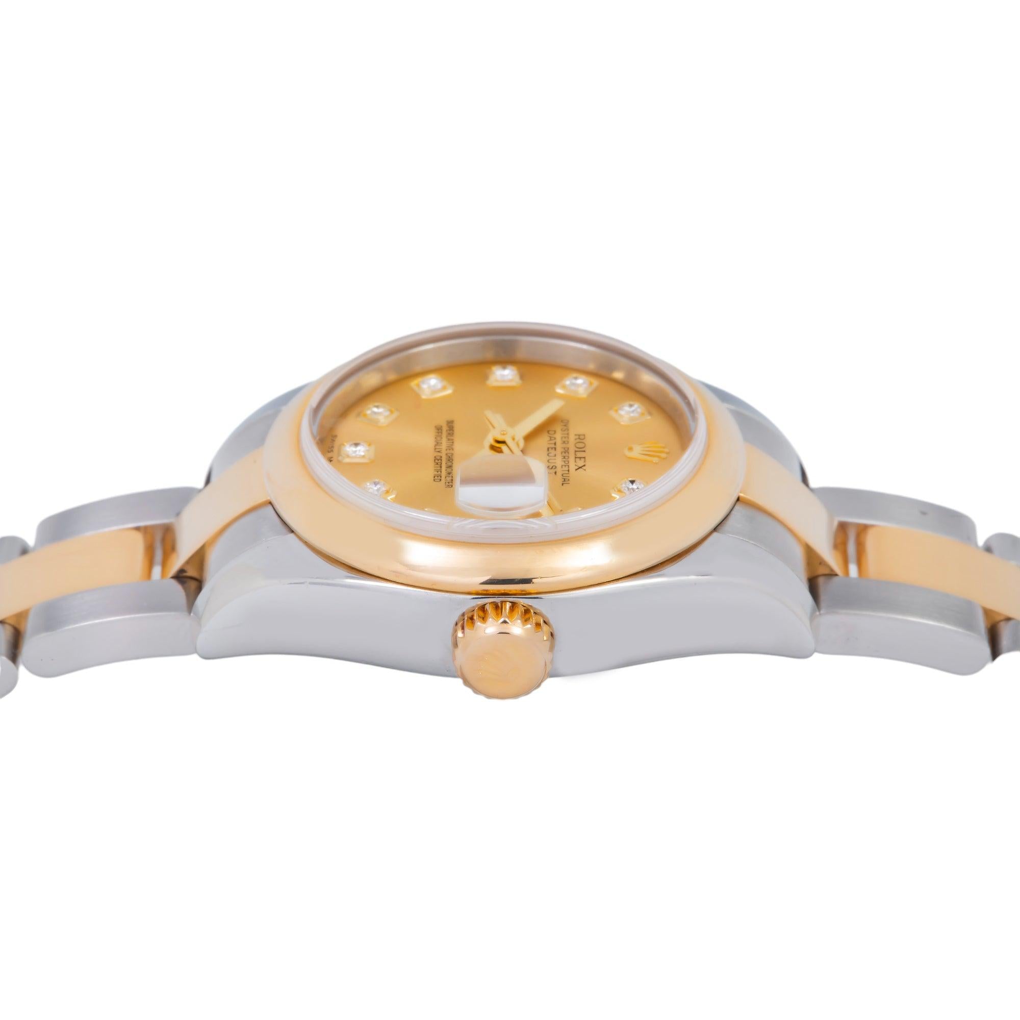 Rolex Datejust 26MM 179163 Champagne Diamond Dial Smooth Bezel Two Tone Yellow Gold Oyster Bracelet