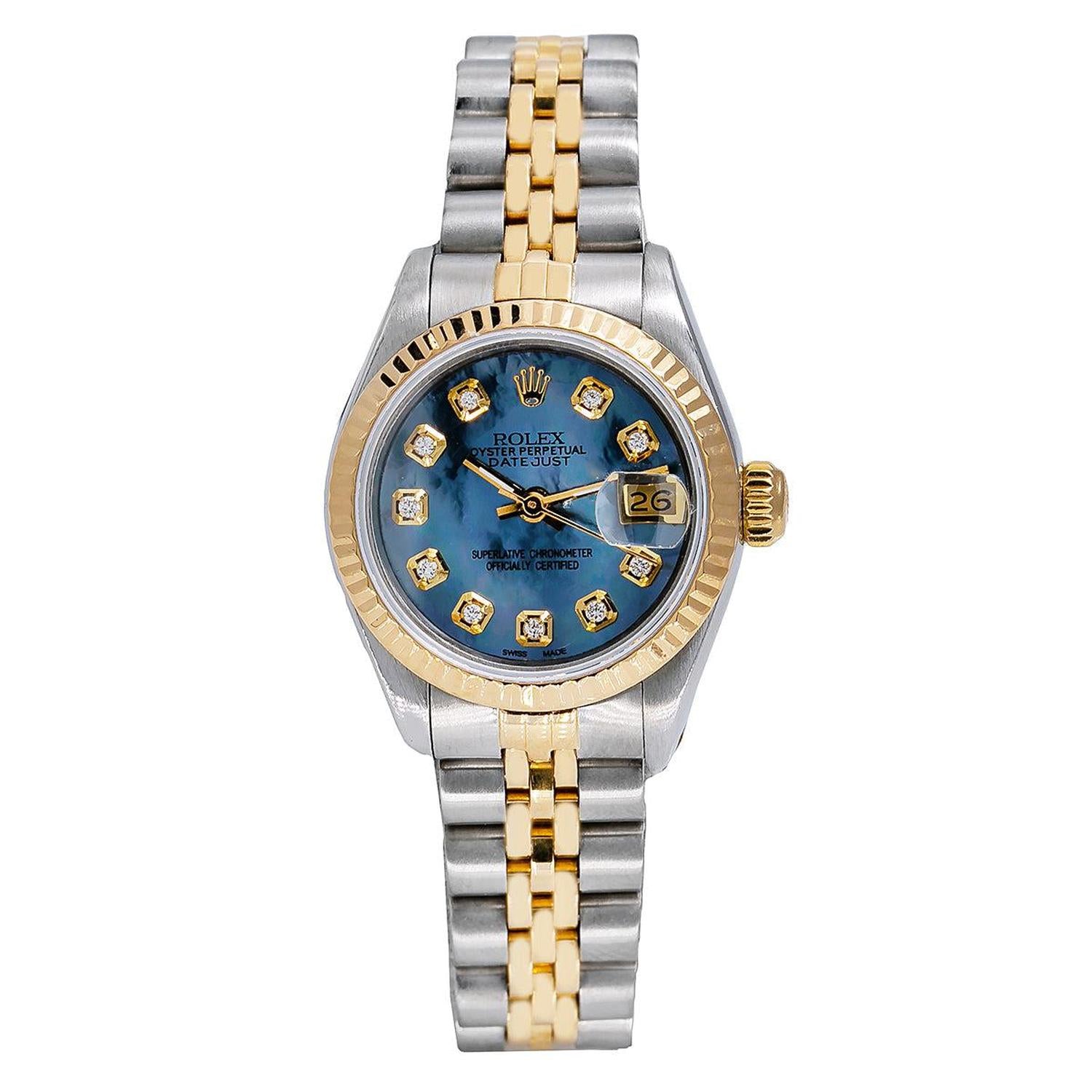 Rolex Datejust 26MM 69173 Blue Mother of Pearl Diamond Dial Yellow Gold Fluted Bezel Two Tone Jubilee Bracelet