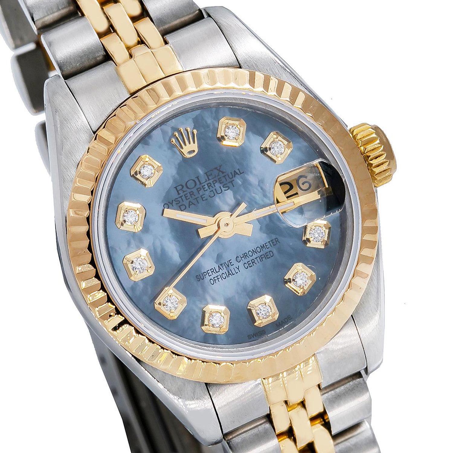 Rolex Datejust 26MM 69173 Blue Mother of Pearl Diamond Dial Fluted Bezel Two Tone Yellow Gold Jubilee Bracelet
