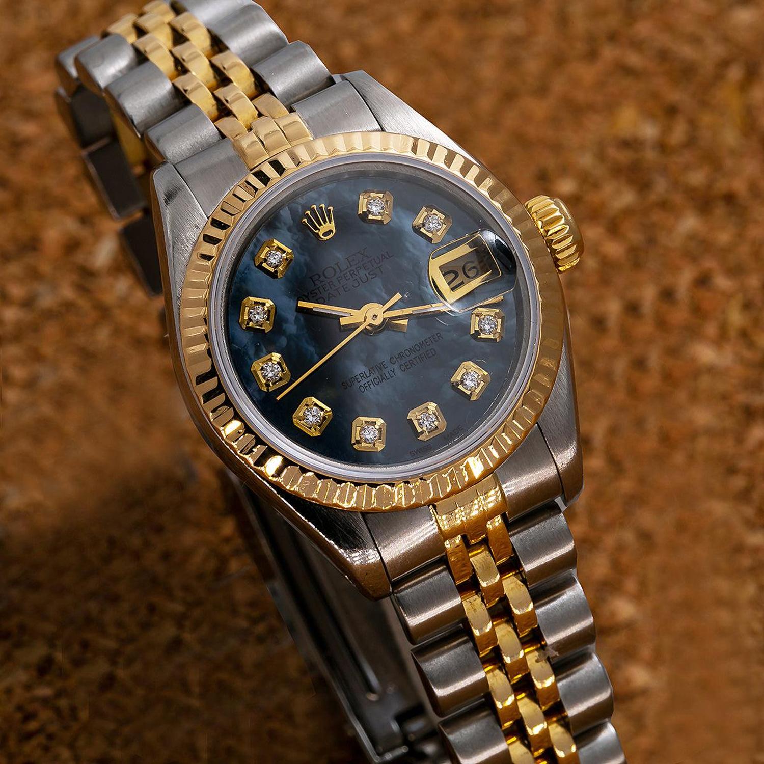 Rolex Datejust 26MM 69173 Blue Mother of Pearl Diamond Dial Fluted Bezel Two Tone Yellow Gold Jubilee Bracelet