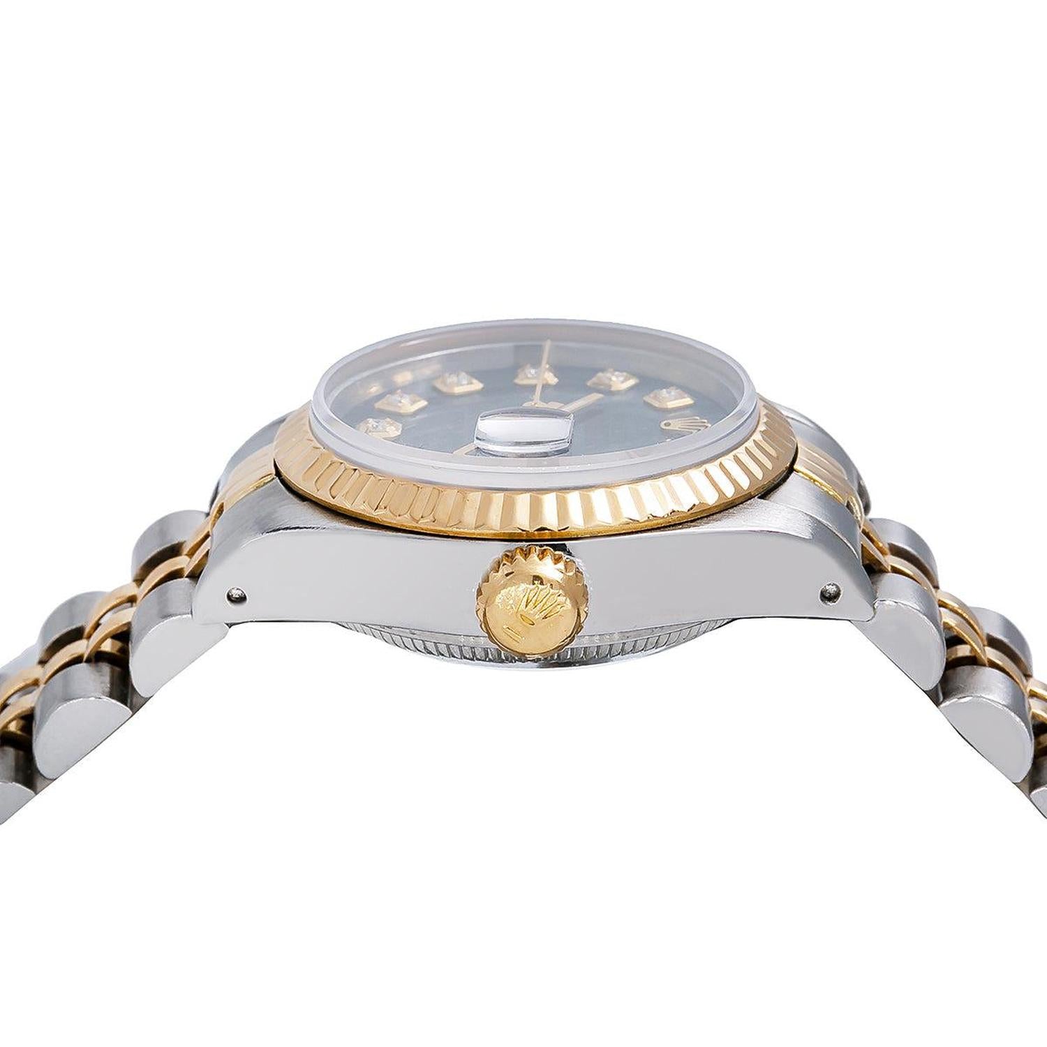 Rolex Datejust 26MM 69173 Blue Mother of Pearl Diamond Dial Fluted Bezel Two Tone Yellow Gold Jubilee Bracelet