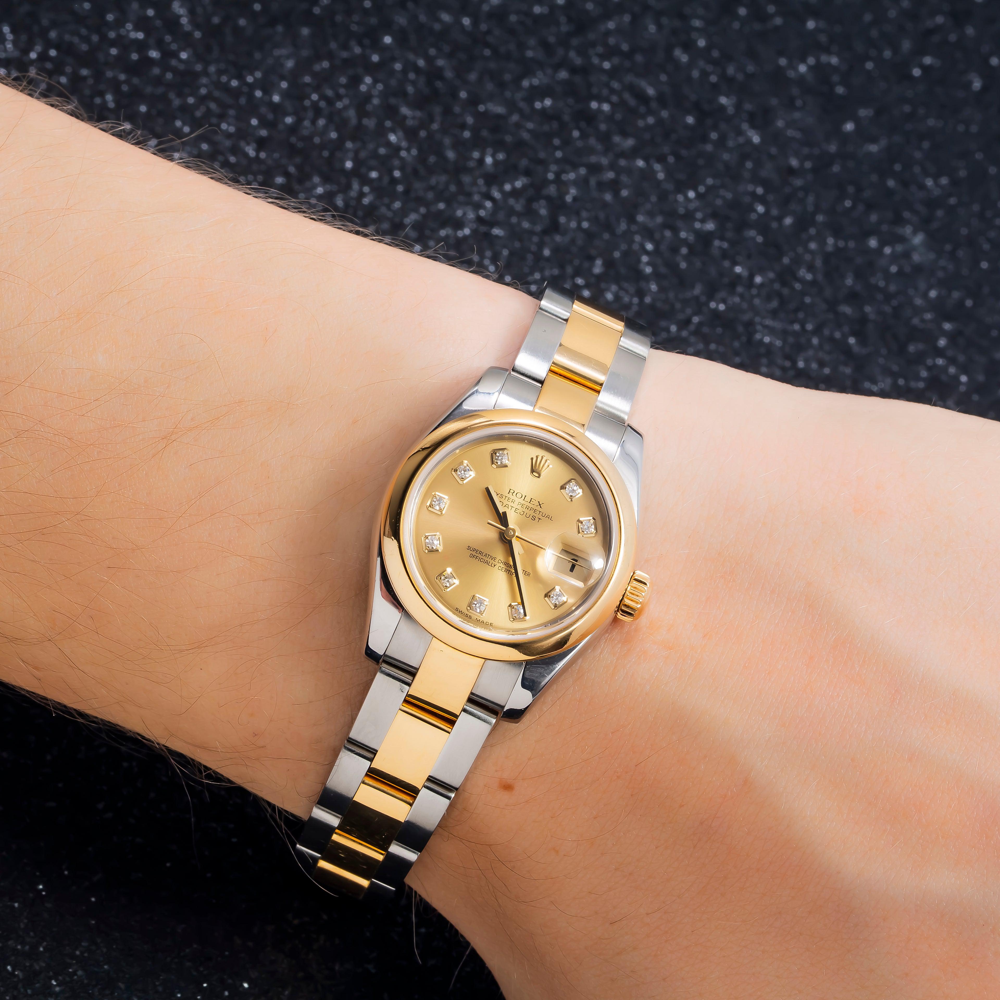 Rolex Datejust 26MM 179163 Champagne Diamond Dial Smooth Bezel Two Tone Yellow Gold Oyster Bracelet