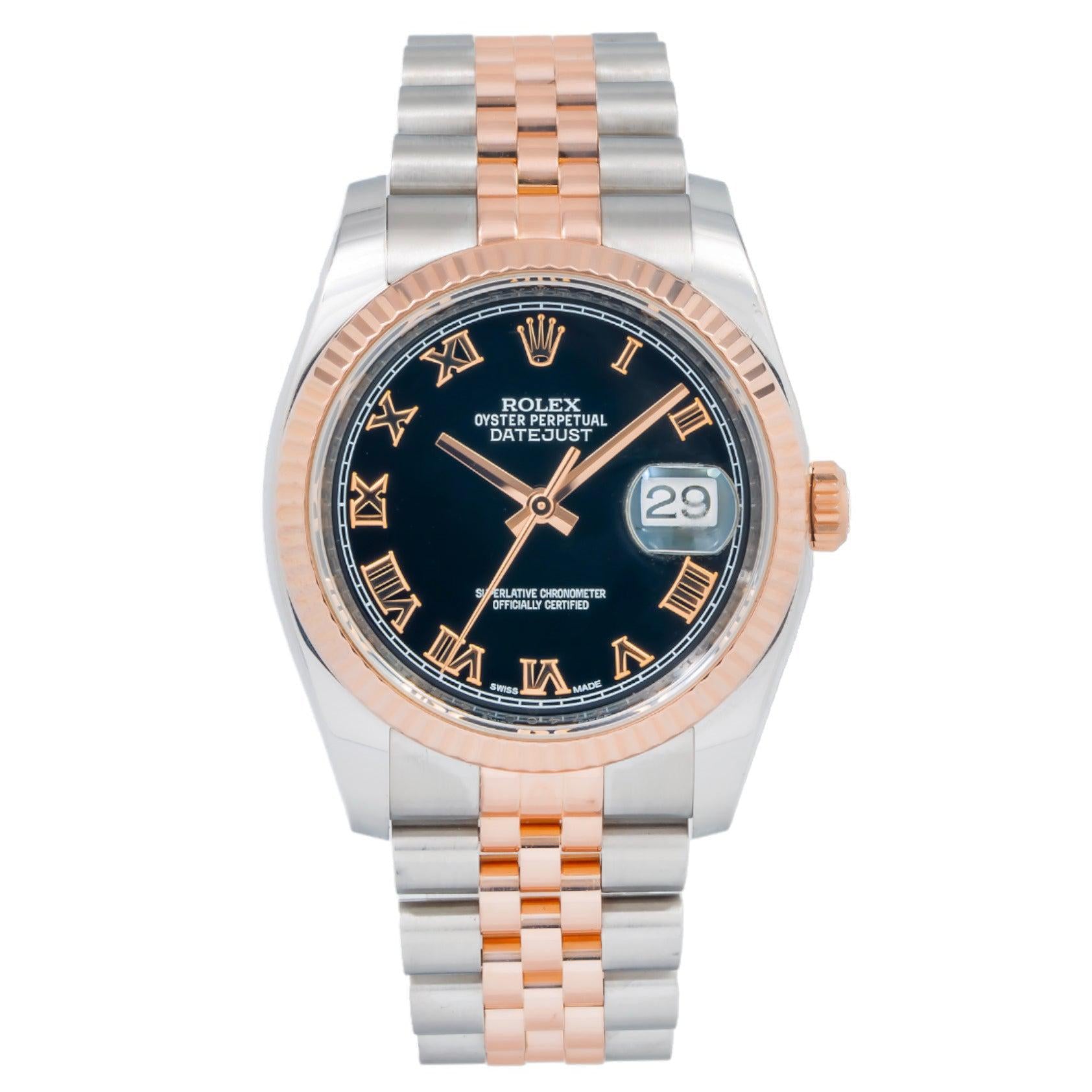 Rolex Datejust 36MM 116231 Black Roman Dial Rose Gold Fluted Bezel Two Tone Jubilee Bracelet