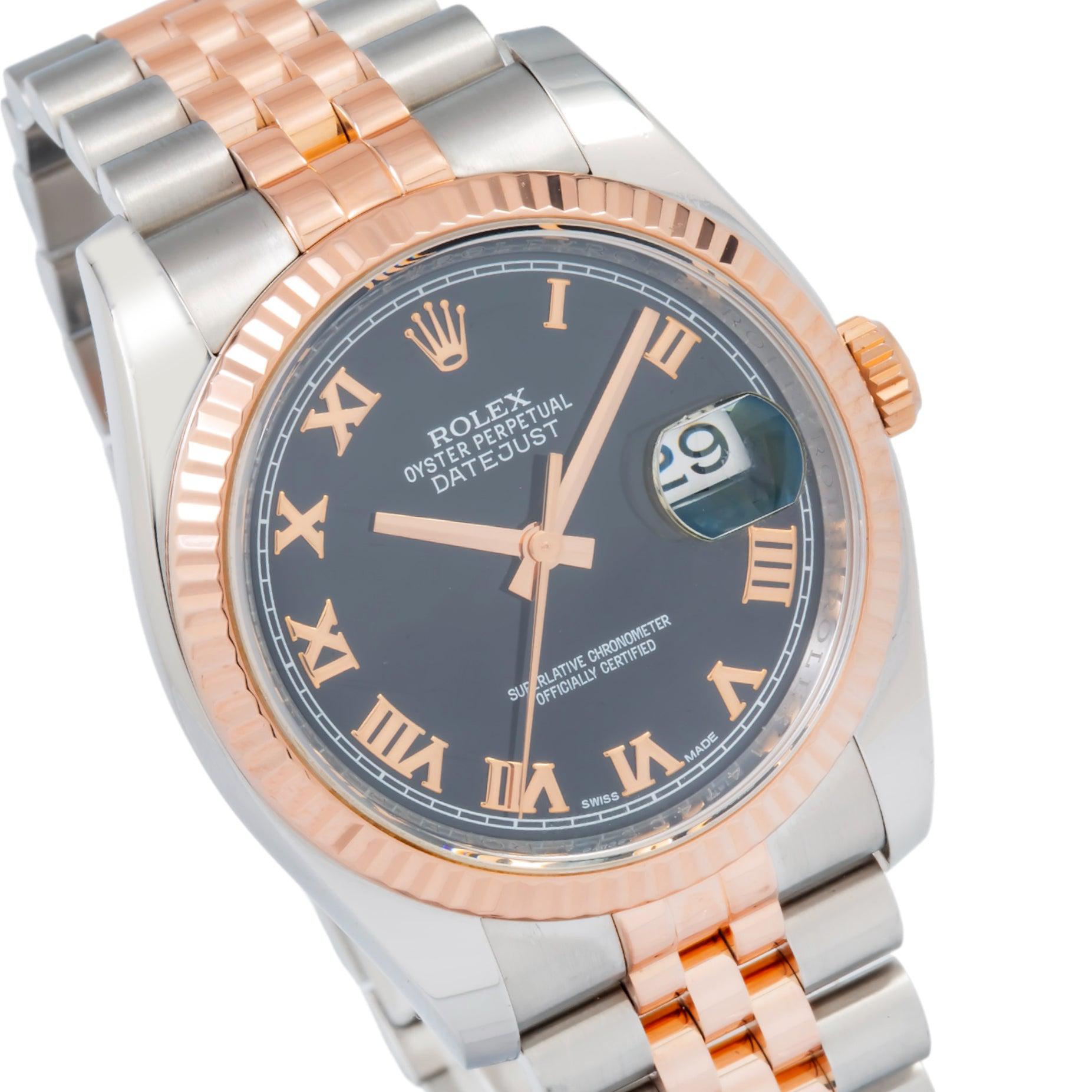 Rolex Datejust 36MM 116231 Black Roman Dial Fluted Bezel Two Tone Rose Gold Jubilee Bracelet