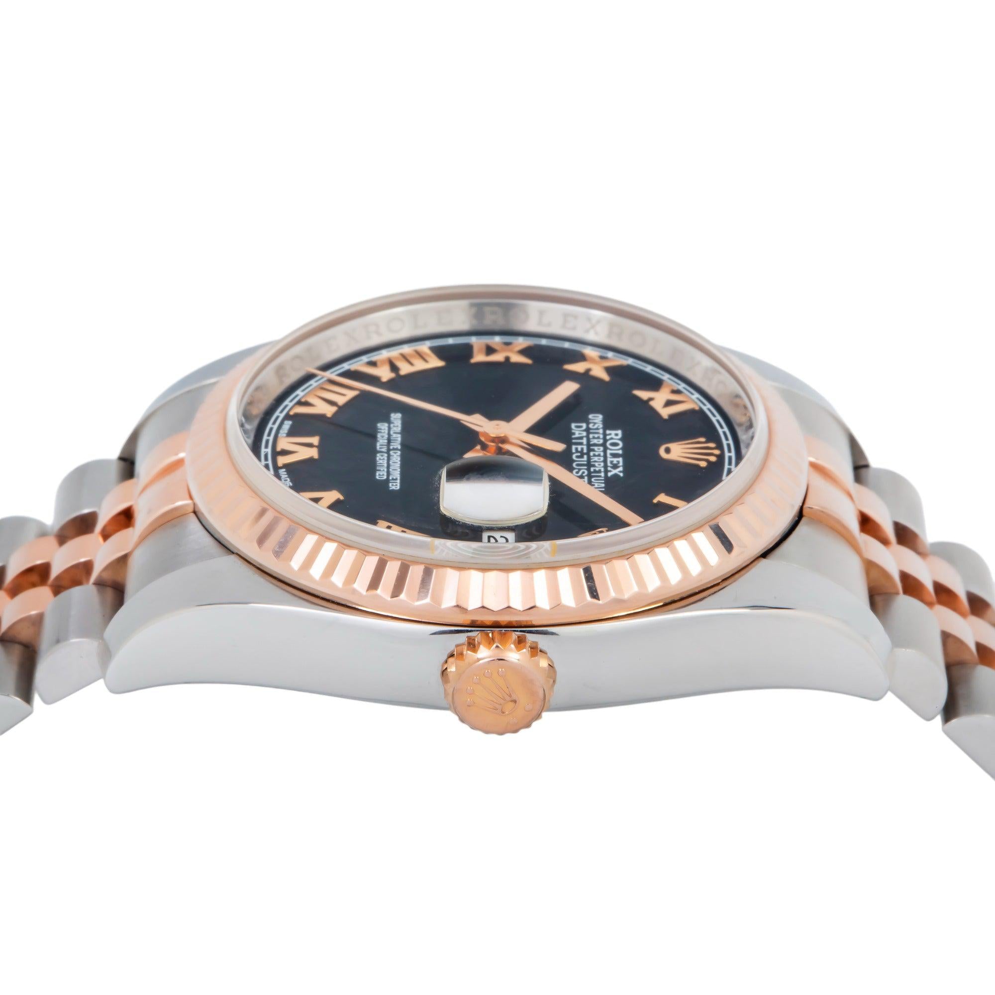 Rolex Datejust 36MM 116231 Black Roman Dial Fluted Bezel Two Tone Rose Gold Jubilee Bracelet