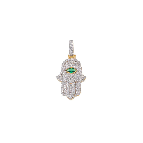 10K GOLD DIAMOND HAMSA WITH GREEN EMERALD PENDANT 1.15 CTW