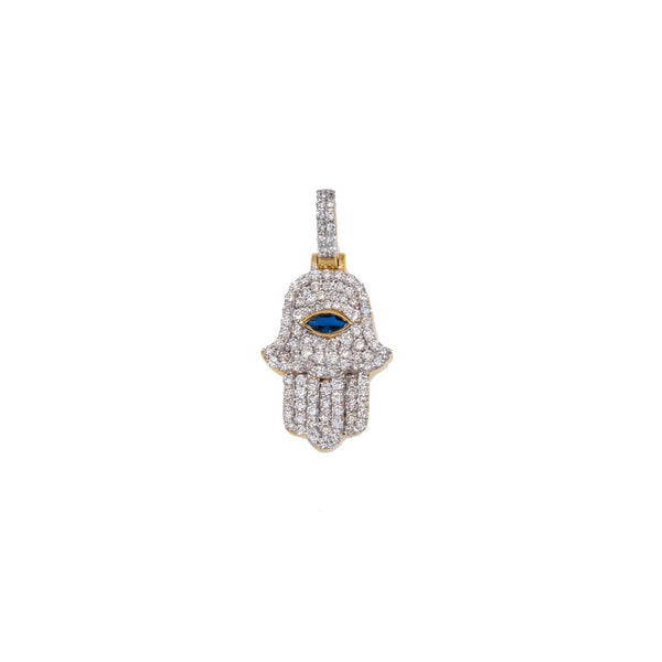 10K GOLD DIAMOND HAMSA WITH BLUE SAPPHIRE PENDANT 1.15 CTW