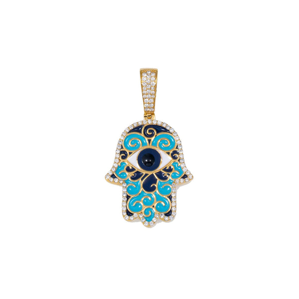 14K GOLD DIAMOND HAMSA WITH BLUE AND TURQUOISE PENDANT 0.65 CT