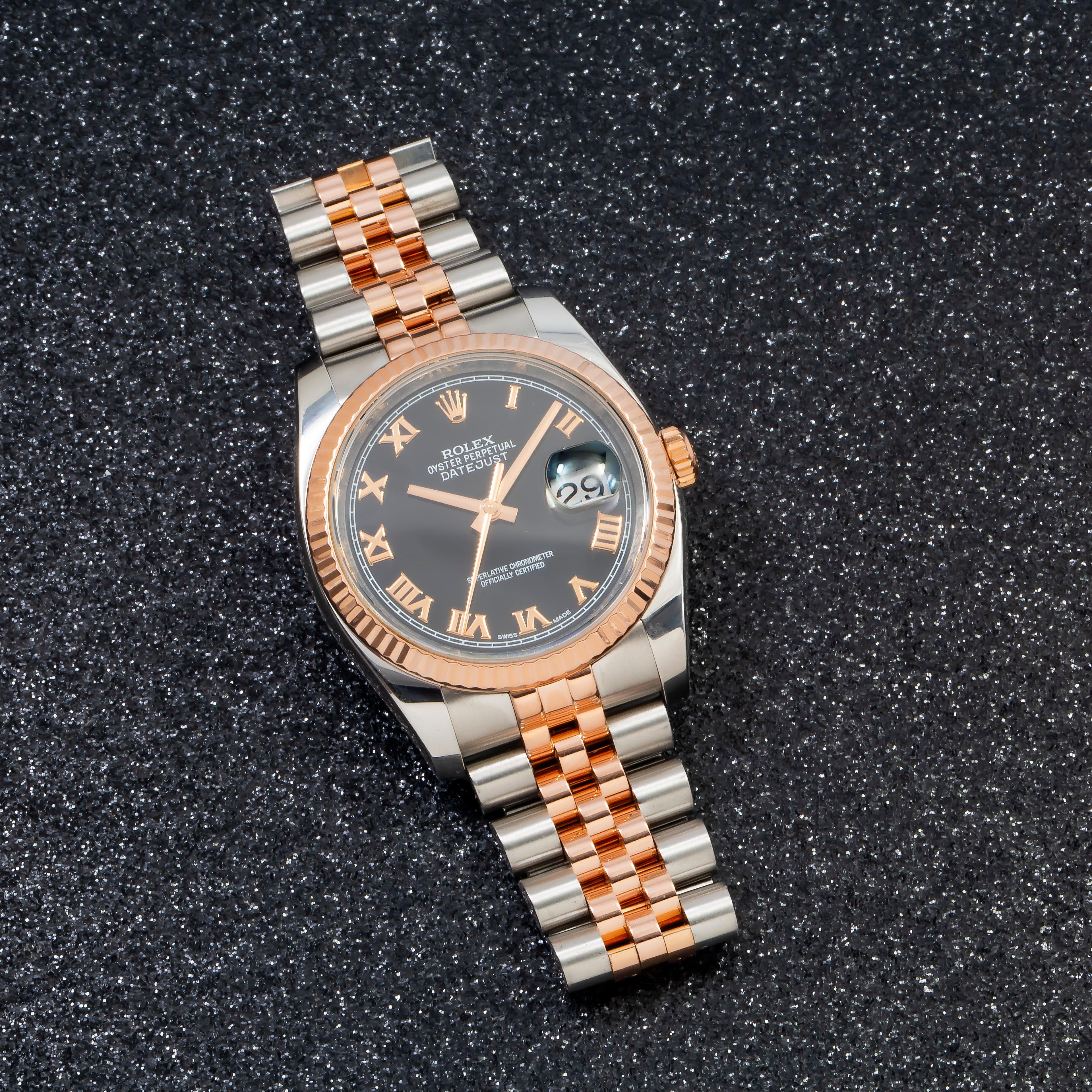 Rolex Datejust 36MM 116231 Black Roman Dial Fluted Bezel Two Tone Rose Gold Jubilee Bracelet